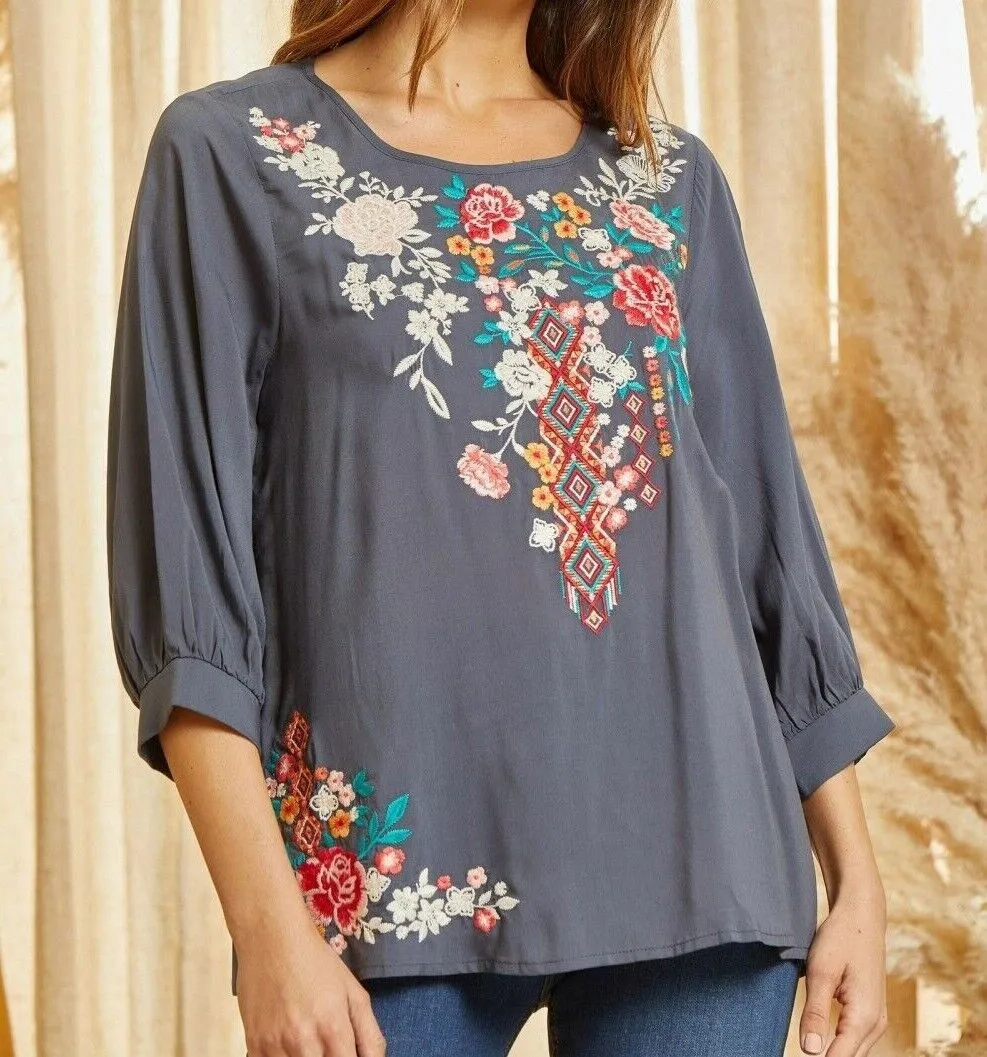 Hopes Embroidered Bohemian Charcoal Top