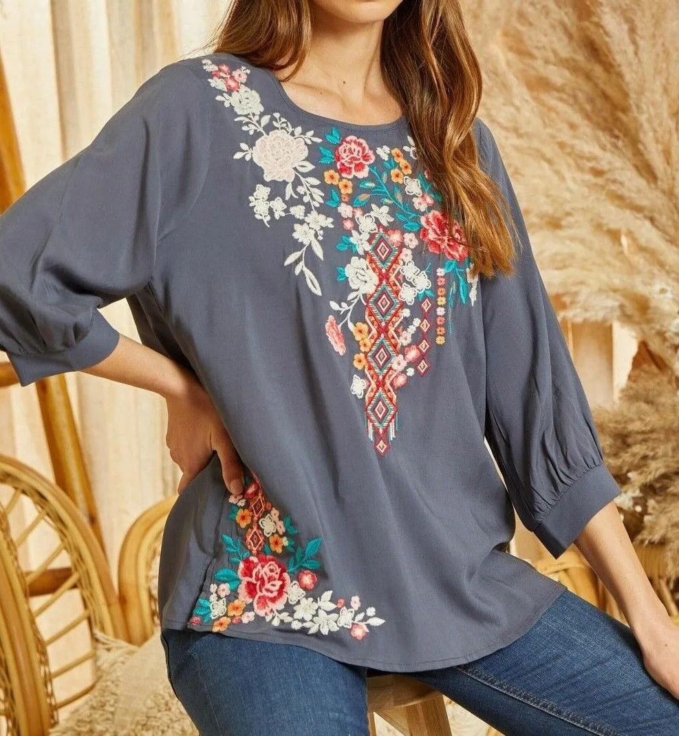 Hopes Embroidered Bohemian Charcoal Top