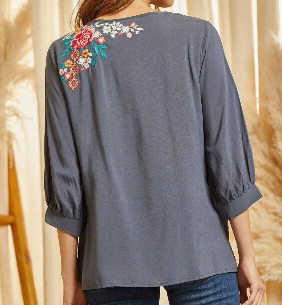 Hopes Embroidered Bohemian Charcoal Top