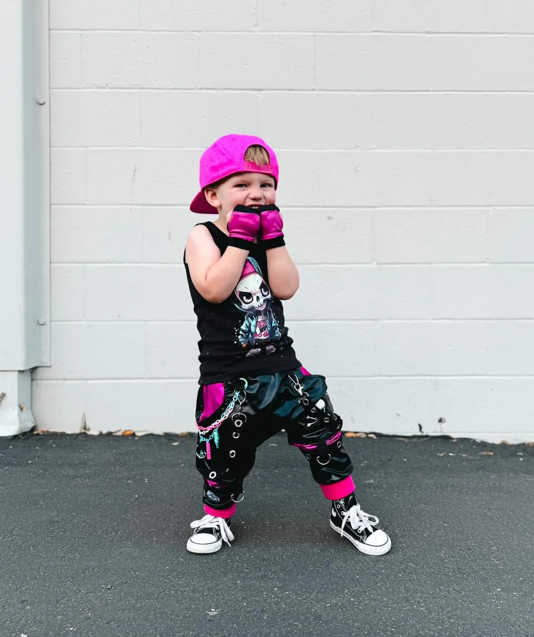 Hot Pink Black Rockstar Fingerless Gloves for Kids and Adults