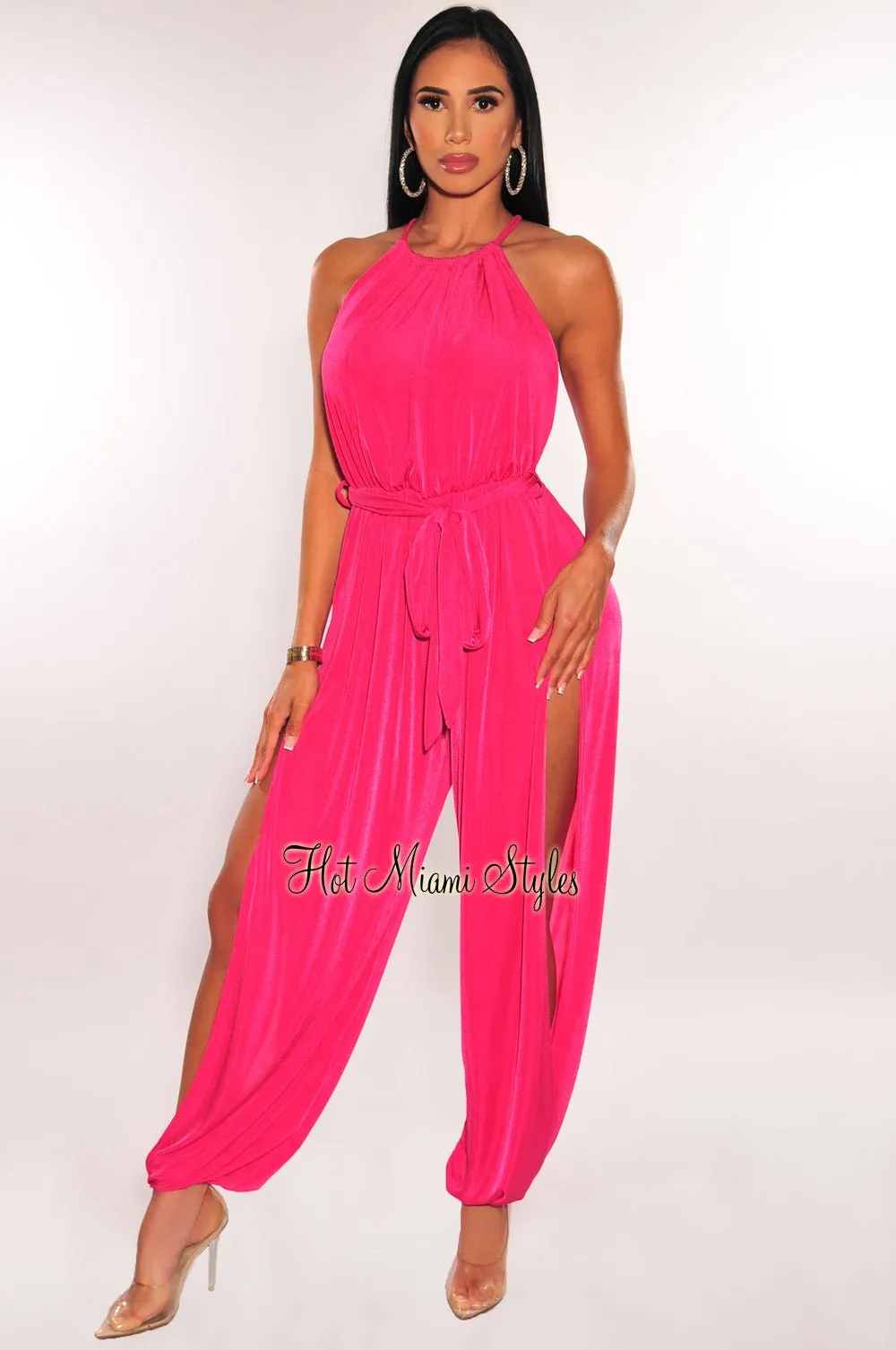 Hot Pink Shimmery Slit Hem Belted Harem Jumpsuit