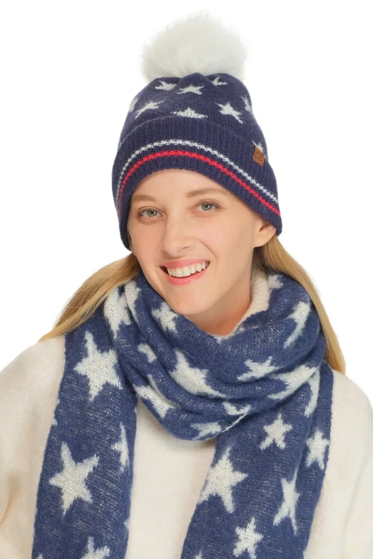 HTC0120 All Over Star and Stripe Cuff Pom Beanie