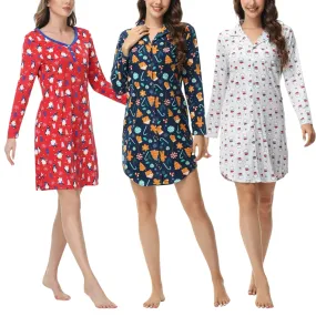 INK   IVY Women's Long Sleeve Christmas Print Notch Collar Sleepshirt Nightgown