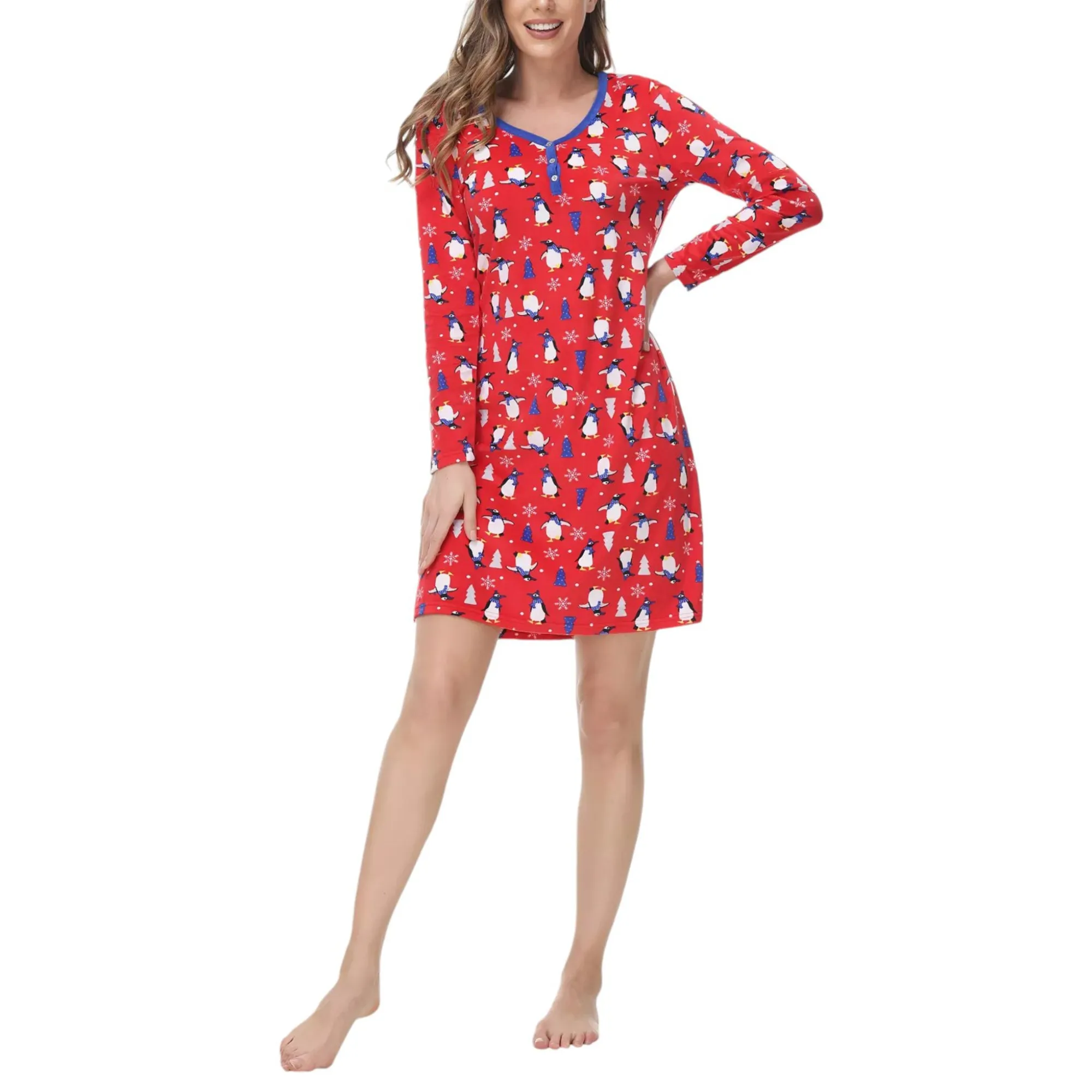 INK   IVY Women's Long Sleeve Christmas Print Notch Collar Sleepshirt Nightgown