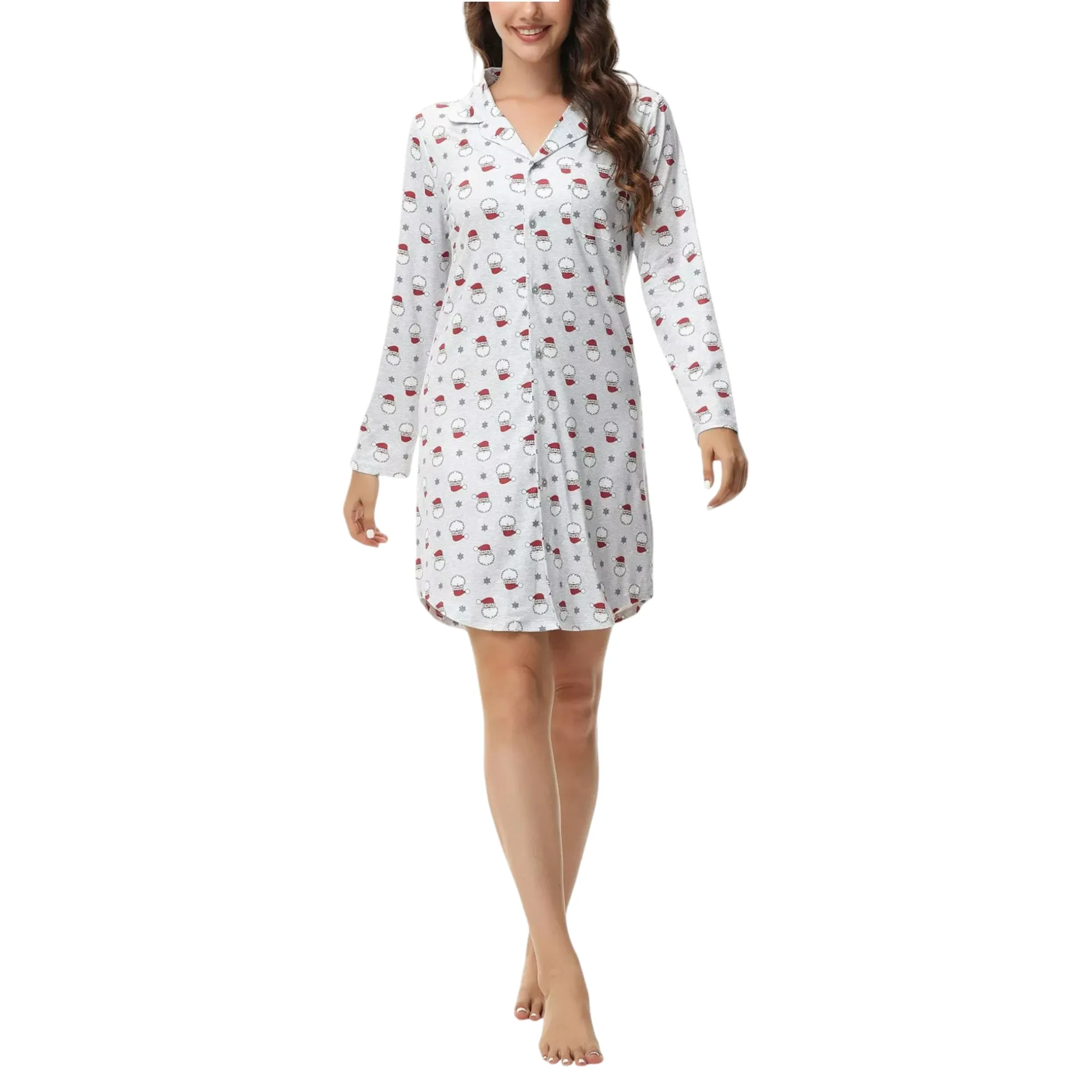 INK   IVY Women's Long Sleeve Printed Notch Collar Sleepshirt Nightgown