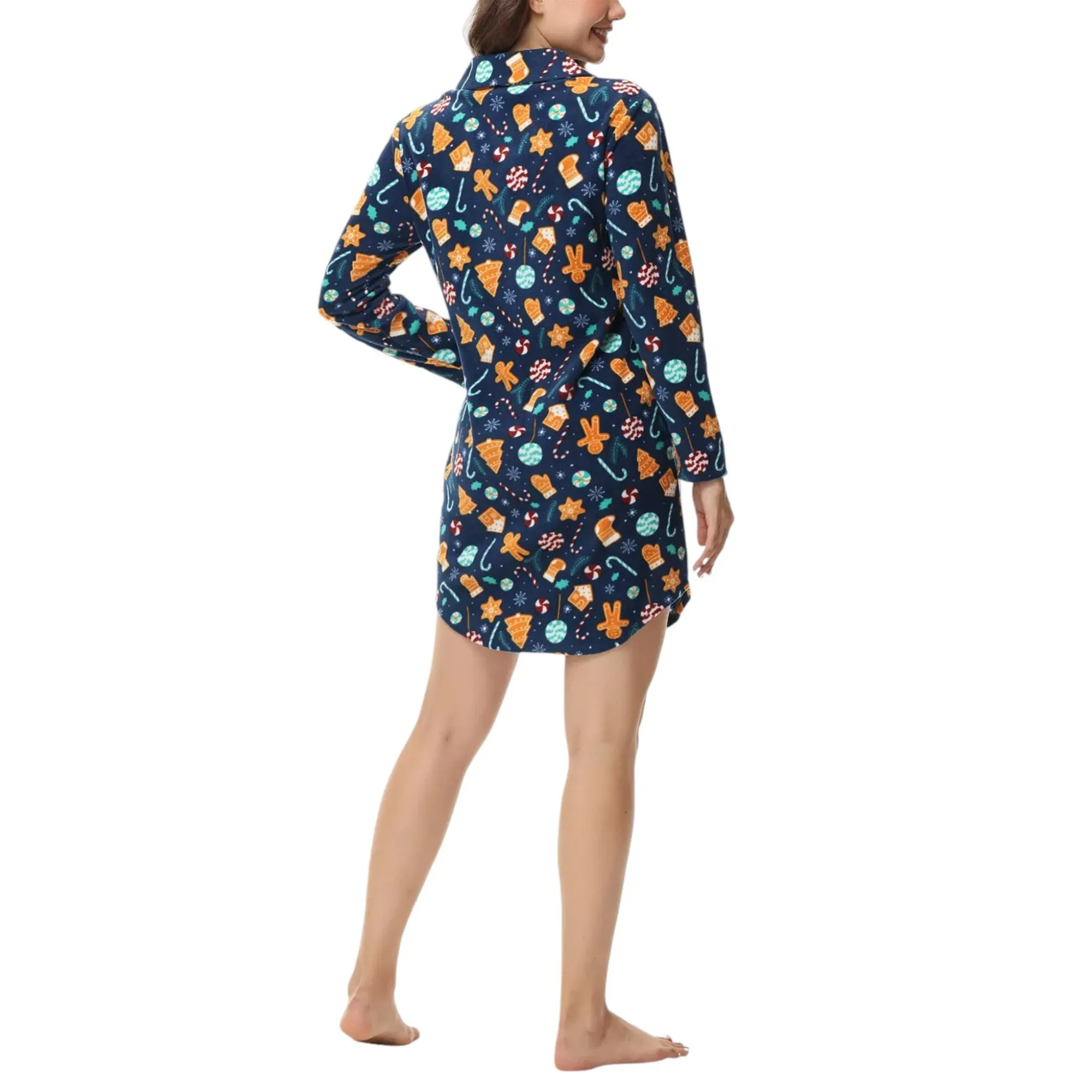 INK   IVY Women's Long Sleeve Printed Notch Collar Sleepshirt Nightgown