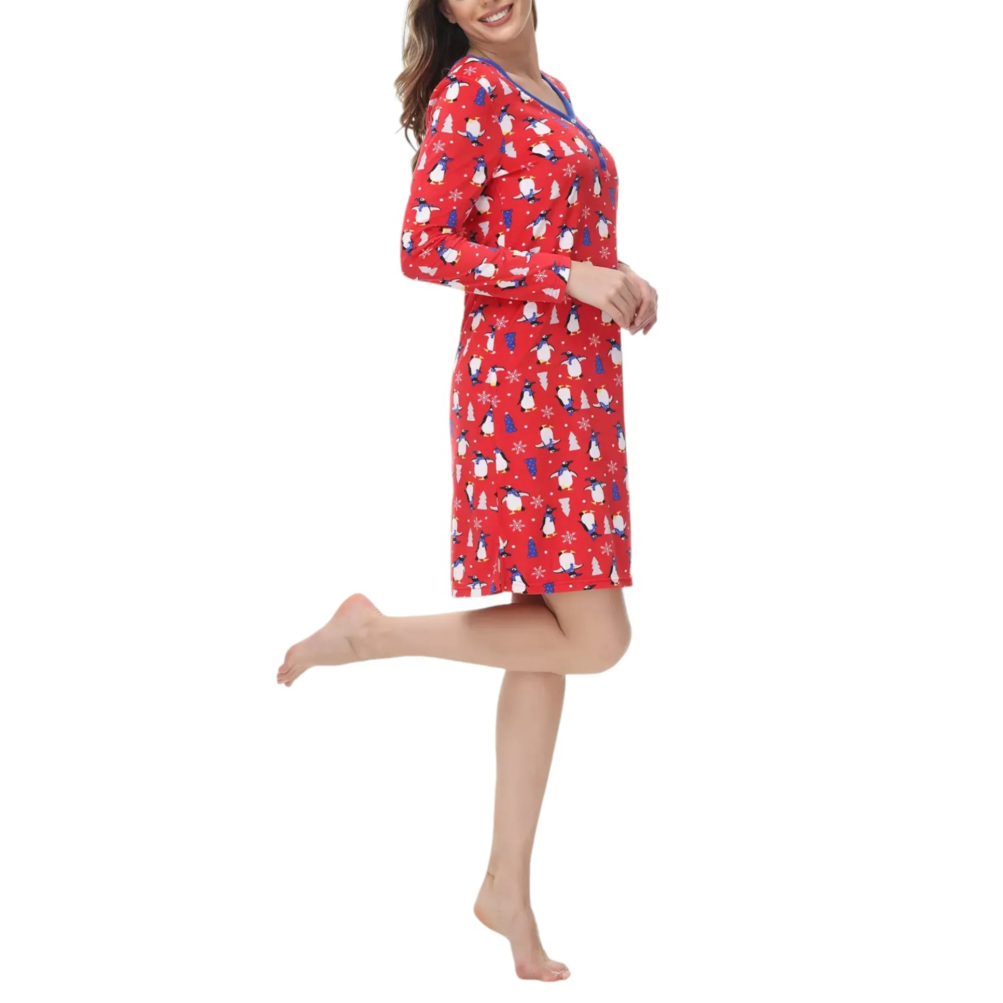 INK   IVY Women's Long Sleeve Printed Notch Collar Sleepshirt Nightgown