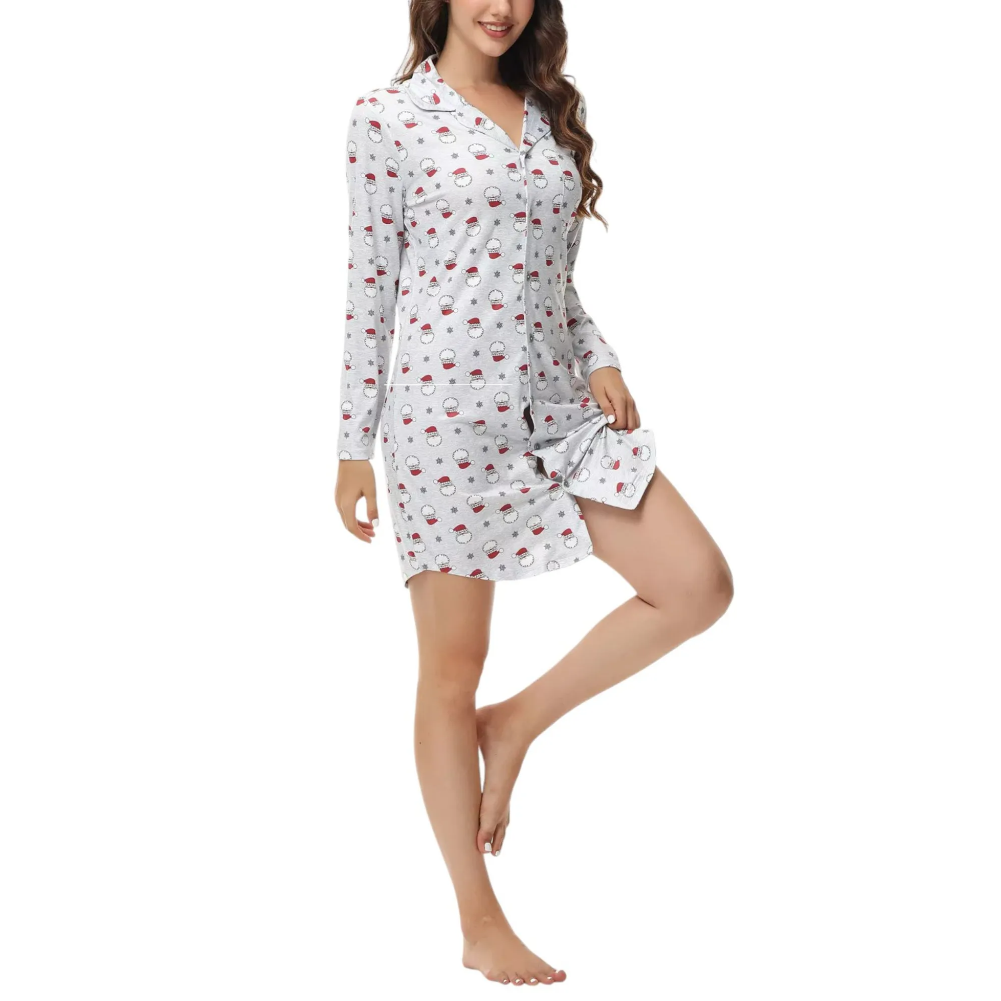 INK   IVY Women's Long Sleeve Printed Notch Collar Sleepshirt Nightgown