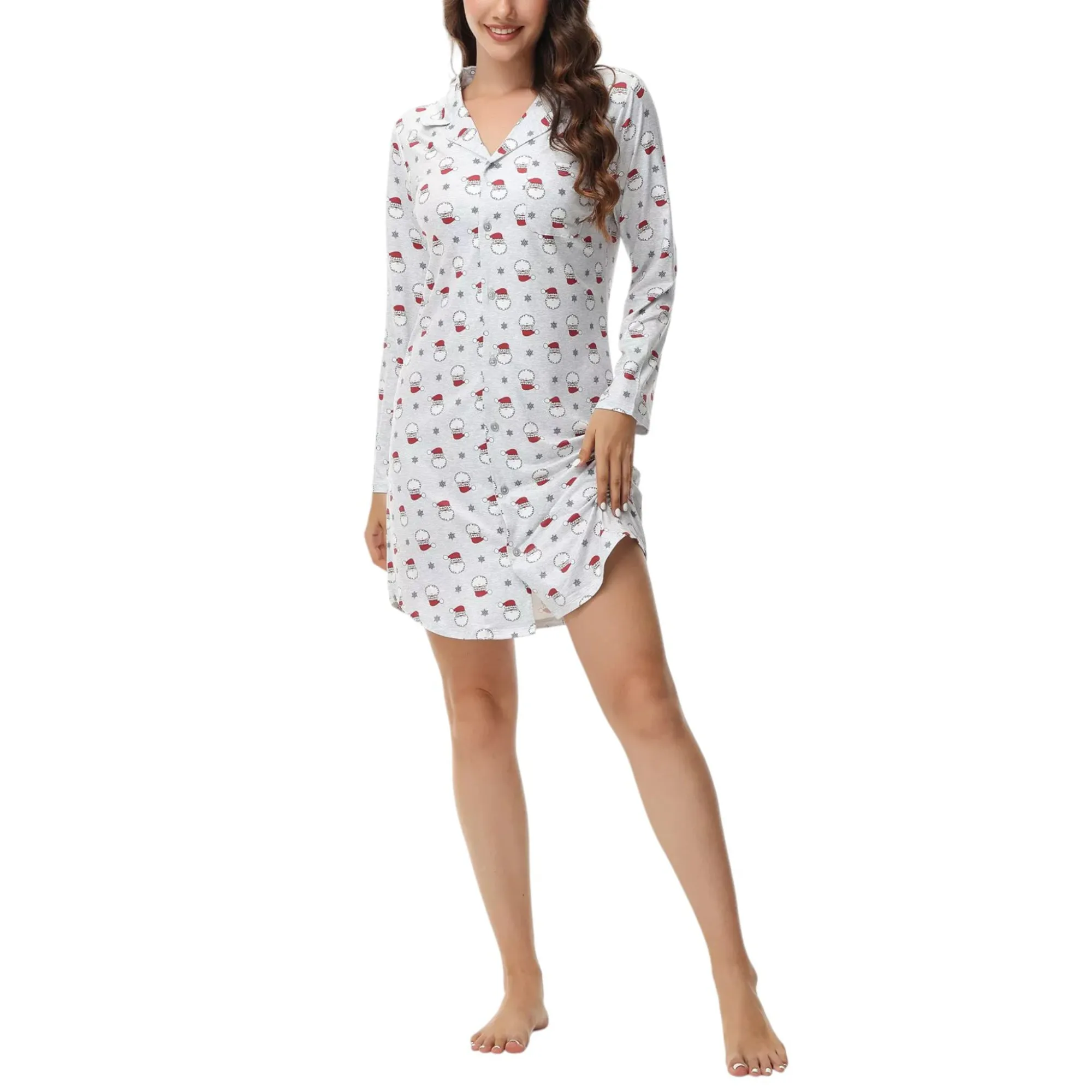 INK   IVY Women's Long Sleeve Printed Notch Collar Sleepshirt Nightgown