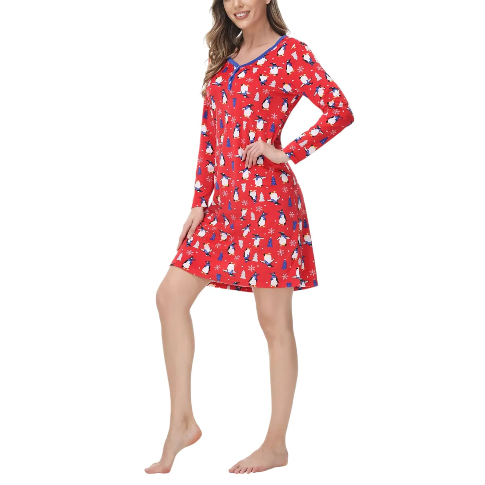 INK   IVY Women's Long Sleeve Printed Notch Collar Sleepshirt Nightgown