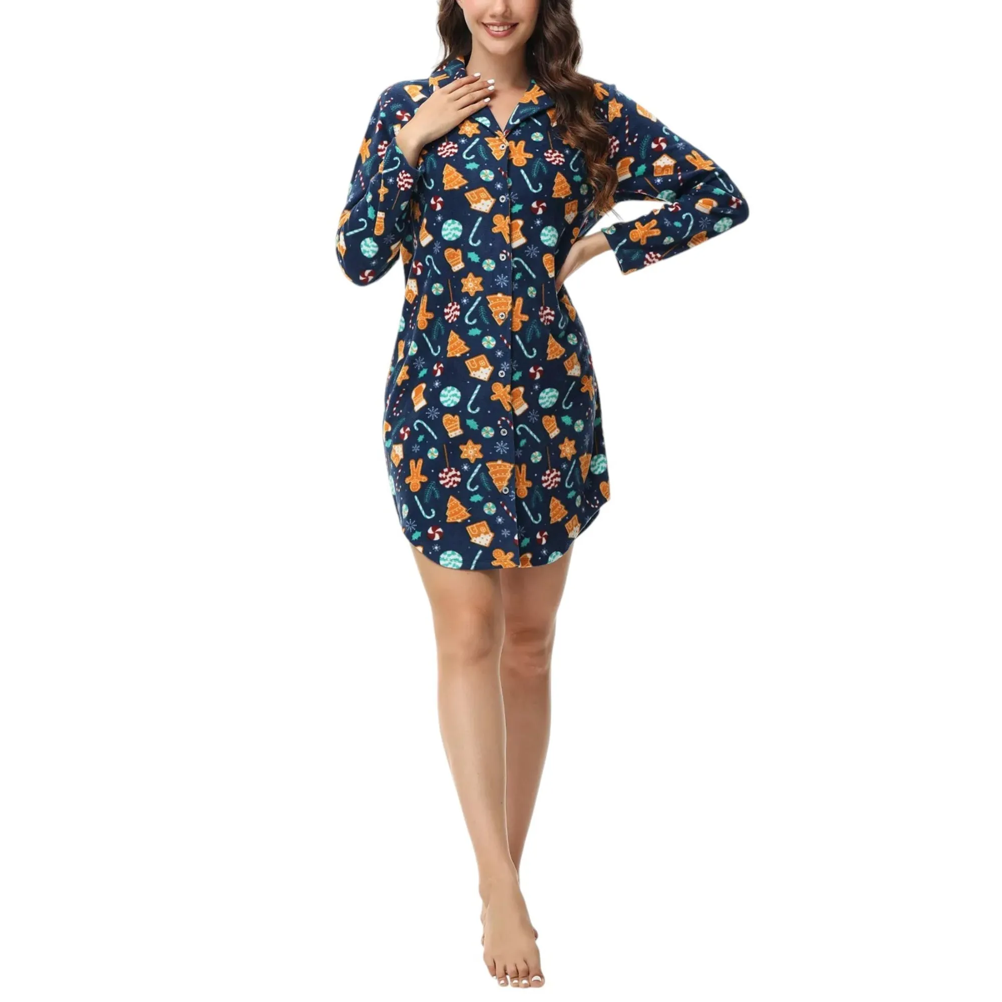 INK   IVY Women's Long Sleeve Printed Notch Collar Sleepshirt Nightgown