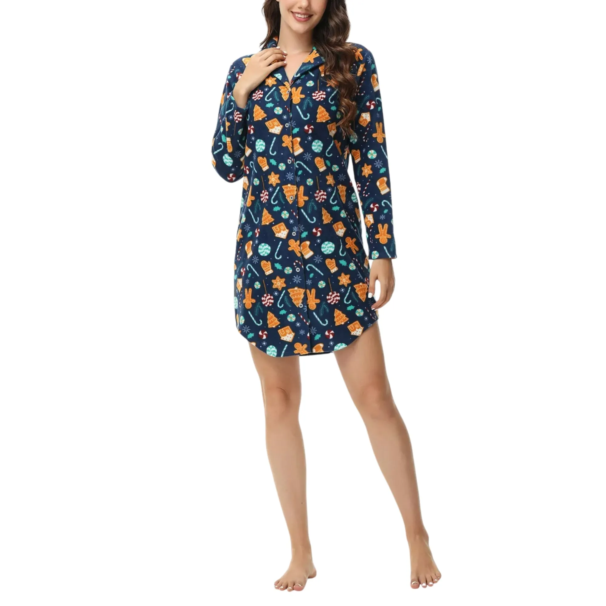 INK   IVY Women's Long Sleeve Printed Notch Collar Sleepshirt Nightgown