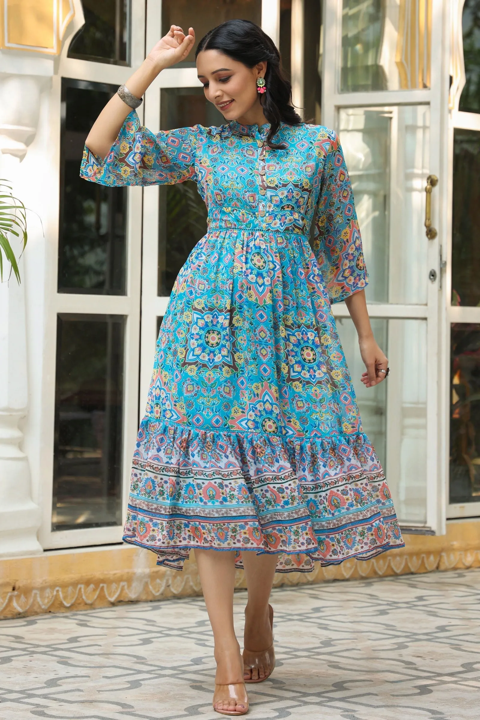 Jashvi Aqua Blue Geometric Printed Chiffon Tiered Maxi Dress With Buttons.