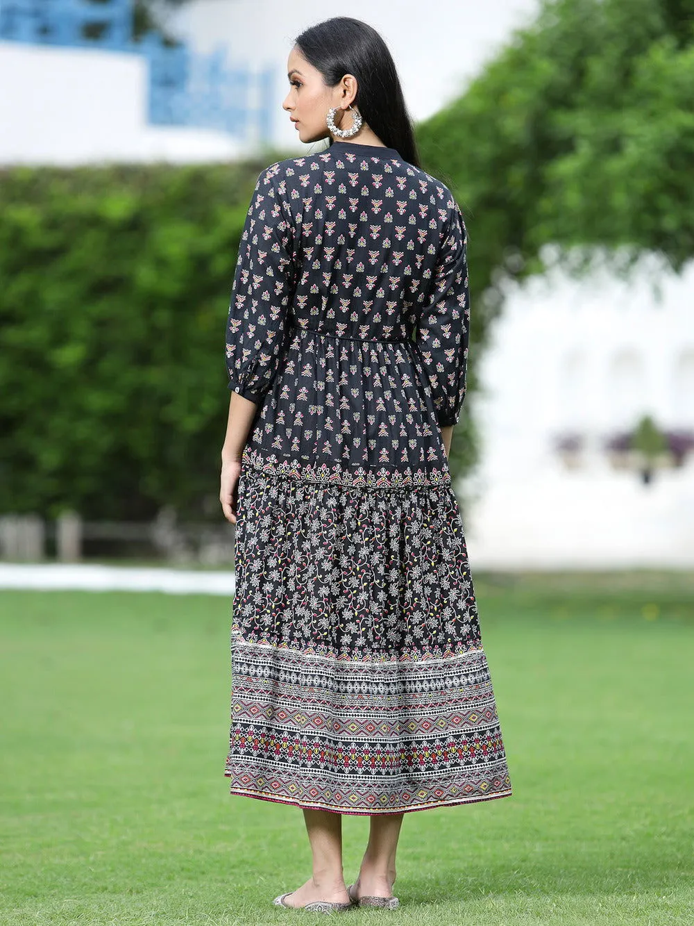 Jashvi Black Ethnic Motif Printed Pure Cotton Tiered Maxi Dress.