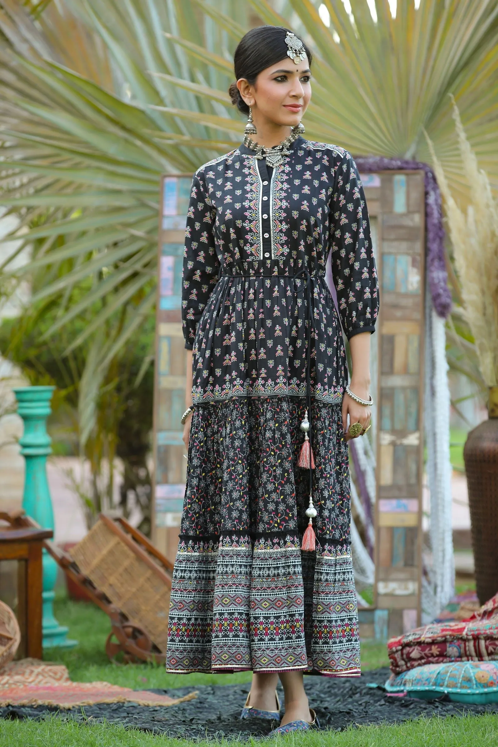 Jashvi Black Ethnic Motif Printed Pure Cotton Tiered Maxi Dress.