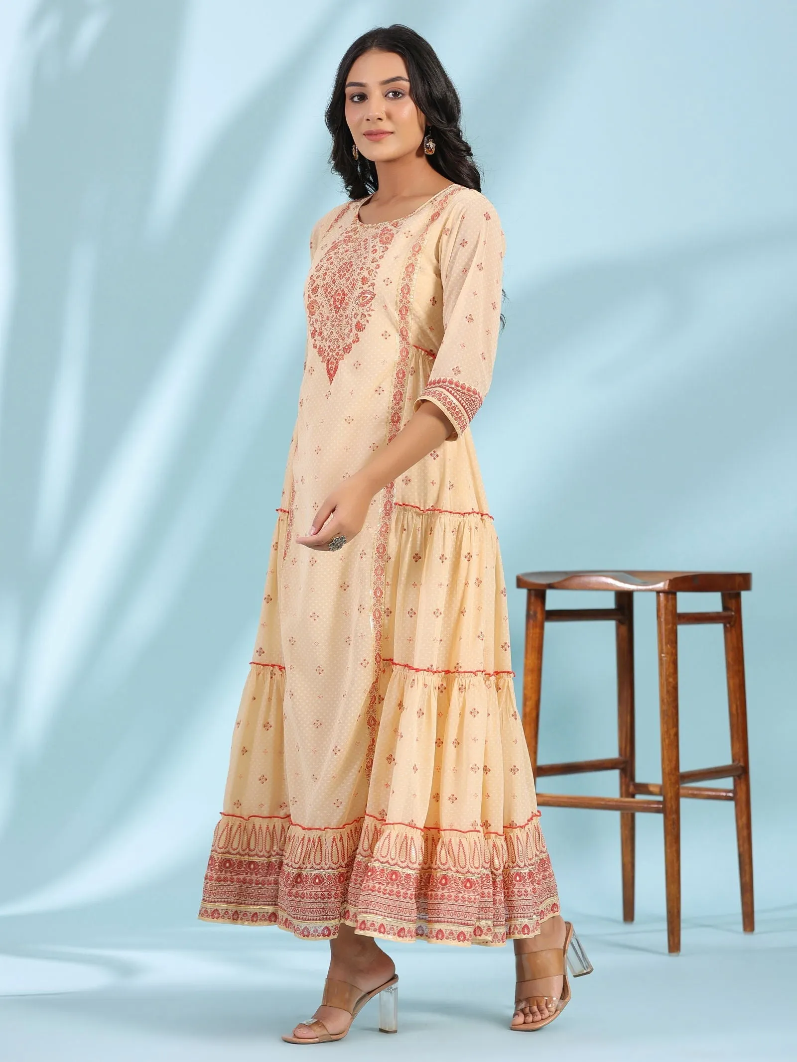 Jashvi Festive Ivory Ethnic Motif Printed Tiered Dress With Sequins & Beadwork