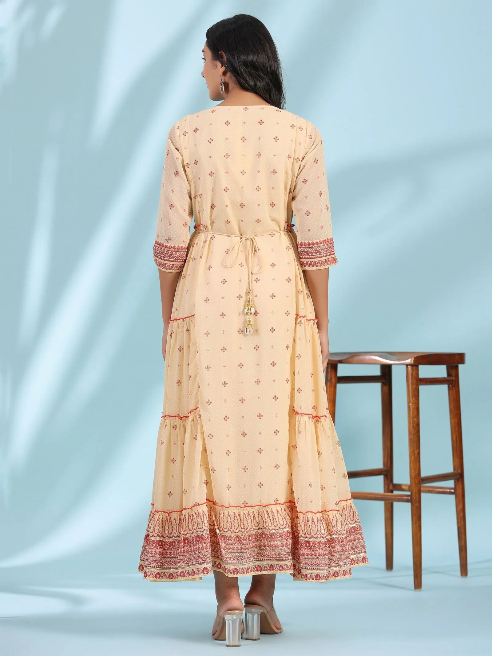 Jashvi Festive Ivory Ethnic Motif Printed Tiered Dress With Sequins & Beadwork