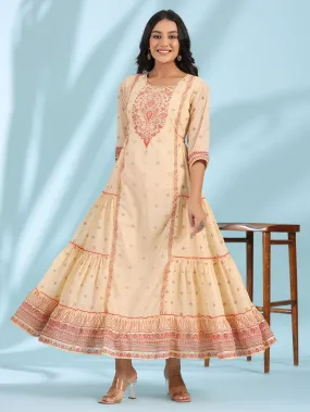 Jashvi Festive Ivory Ethnic Motif Printed Tiered Dress With Sequins & Beadwork