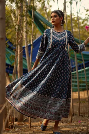 Jashvi Indigo Ethnic Motif Printed Pure Cotton Anarkali Dress.