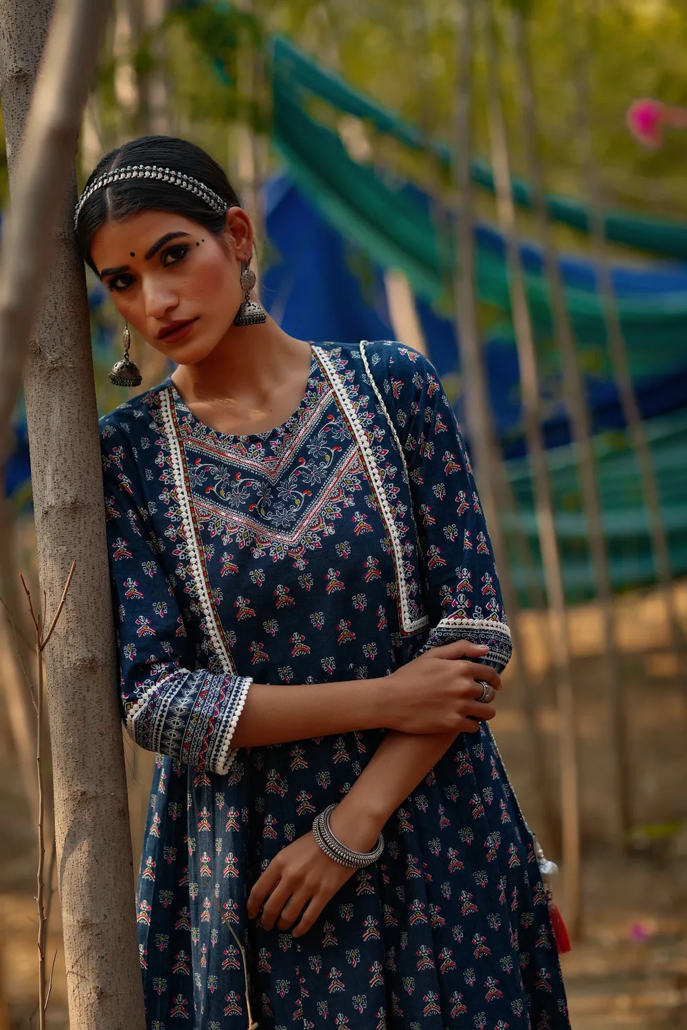 Jashvi Indigo Ethnic Motif Printed Pure Cotton Anarkali Dress.