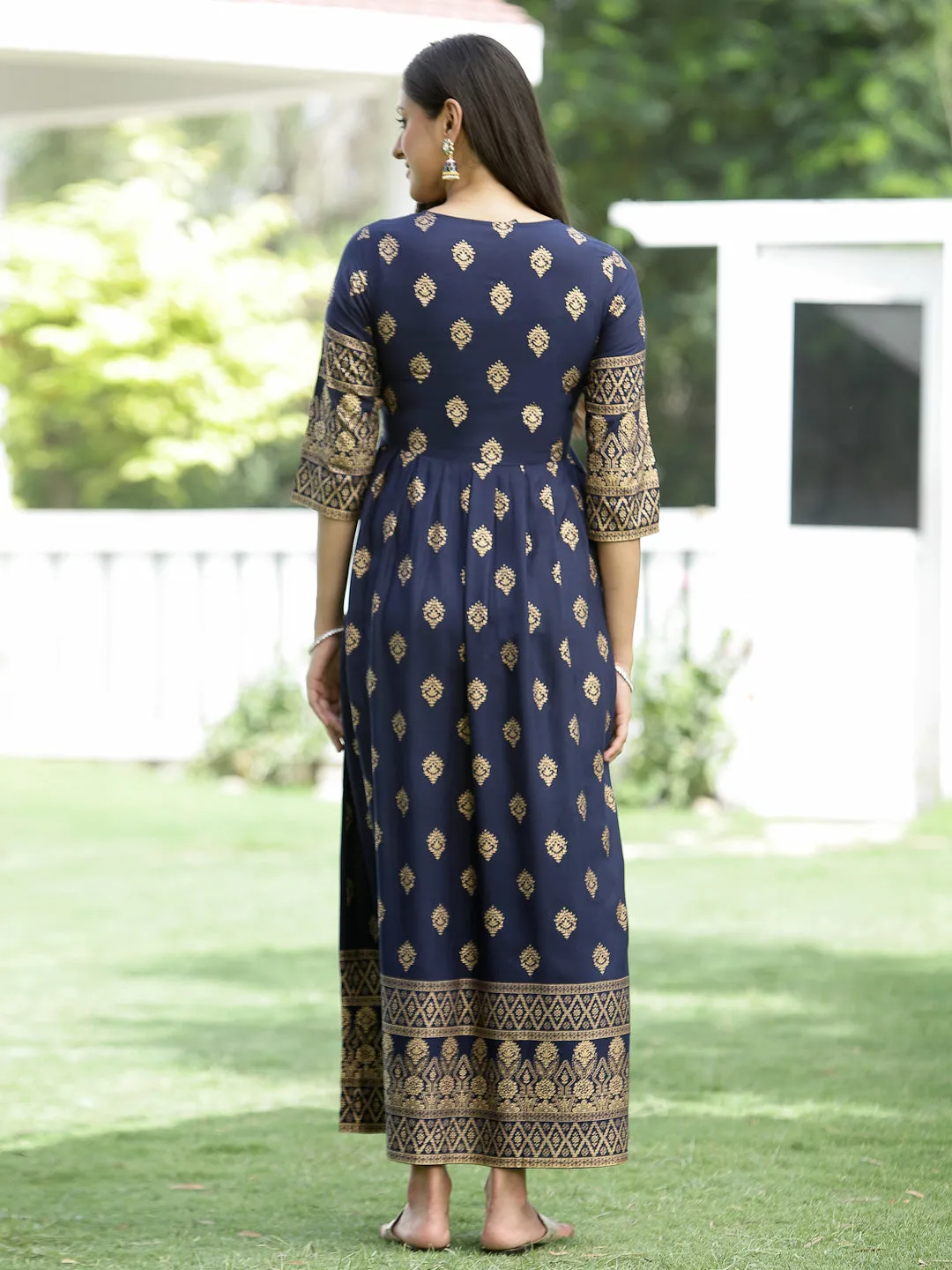 Jashvi Indigo Festive Ethnic Motif Printed Rayon Maxi Dress.