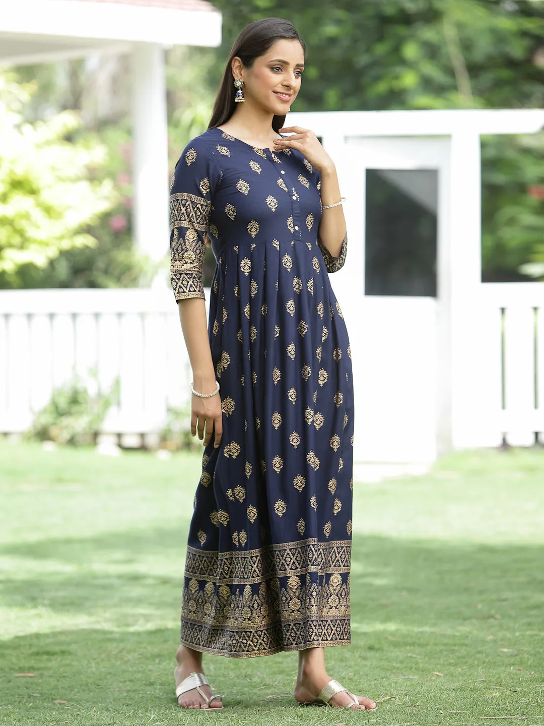 Jashvi Indigo Festive Ethnic Motif Printed Rayon Maxi Dress.