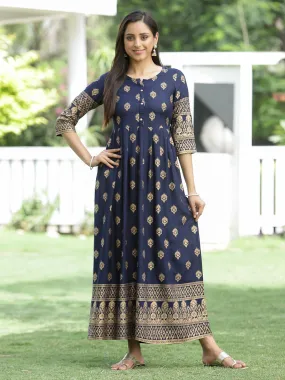 Jashvi Indigo Festive Ethnic Motif Printed Rayon Maxi Dress.