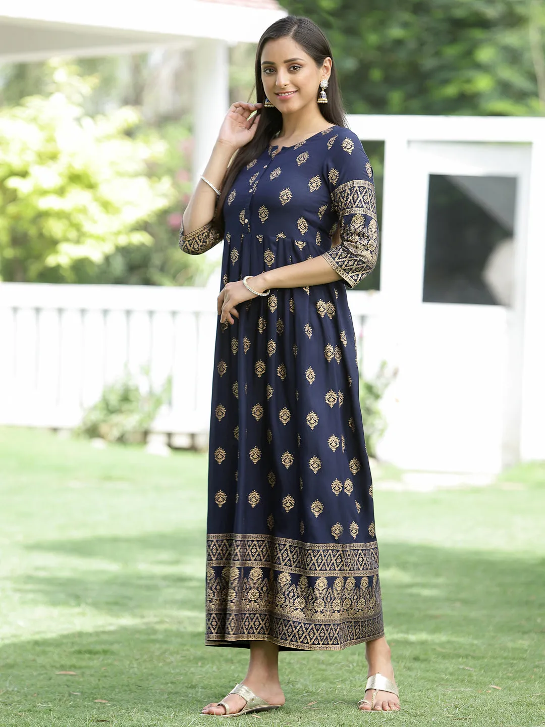 Jashvi Indigo Festive Ethnic Motif Printed Rayon Maxi Dress.