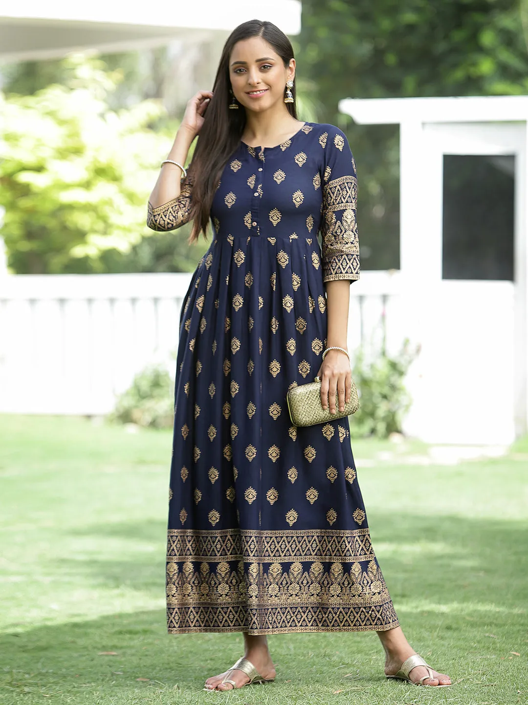 Jashvi Indigo Festive Ethnic Motif Printed Rayon Maxi Dress.