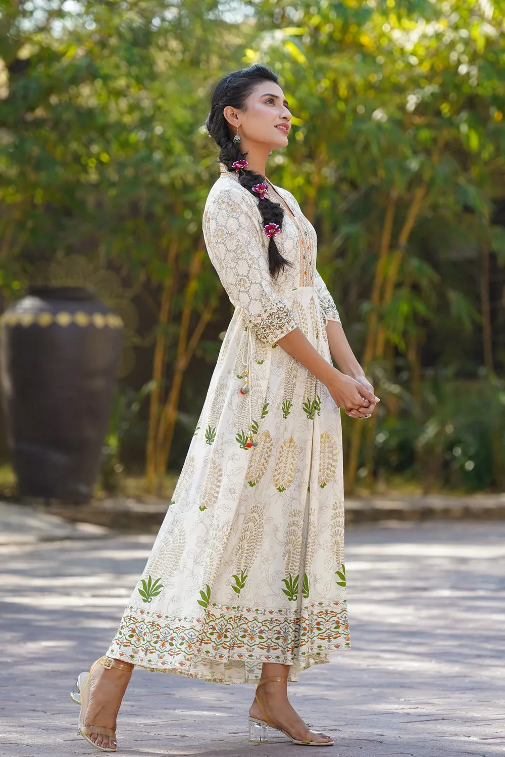 Jashvi Ivory Ethnic Motif Printed Rayon Flared Maxi Dress.