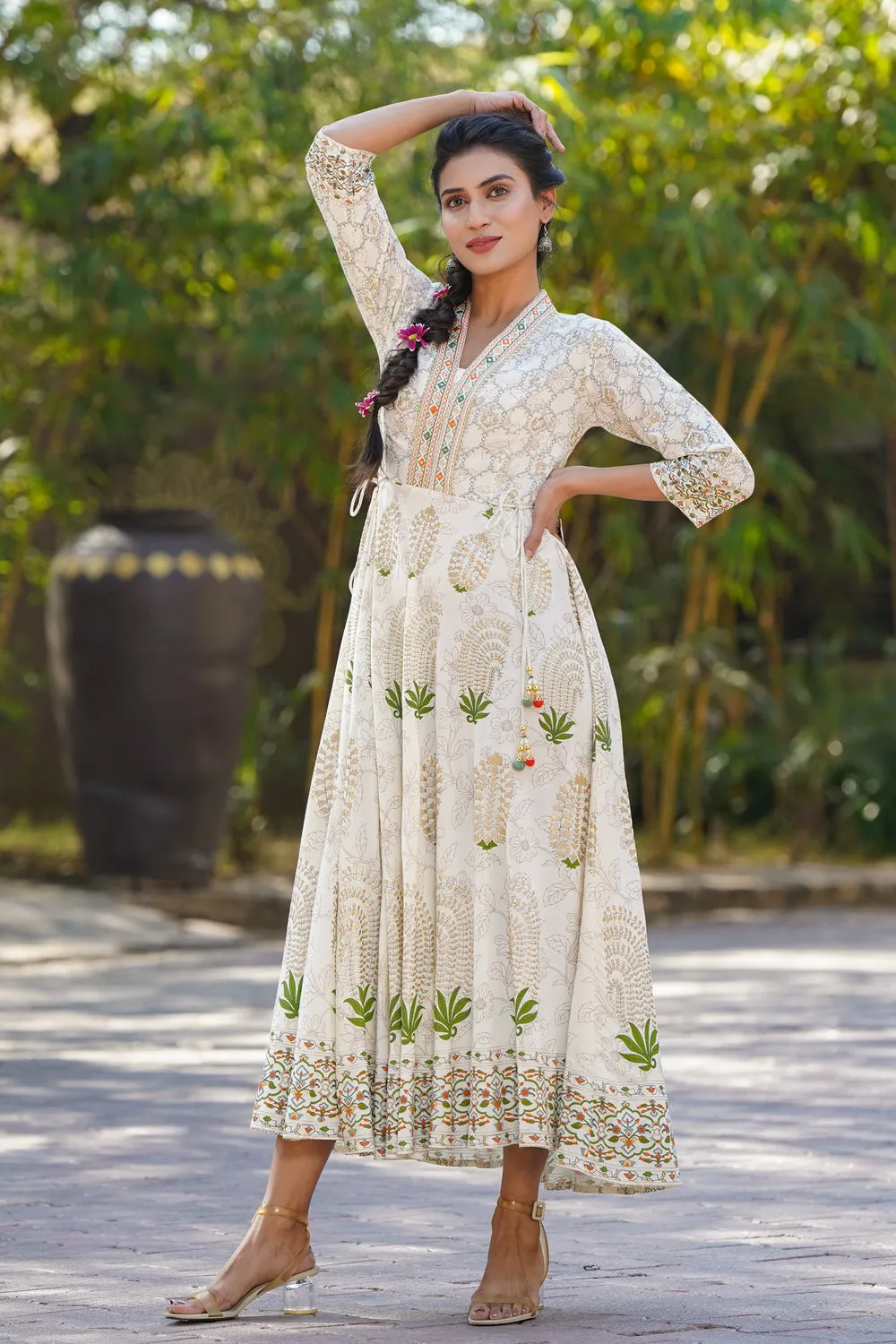 Jashvi Ivory Ethnic Motif Printed Rayon Flared Maxi Dress.