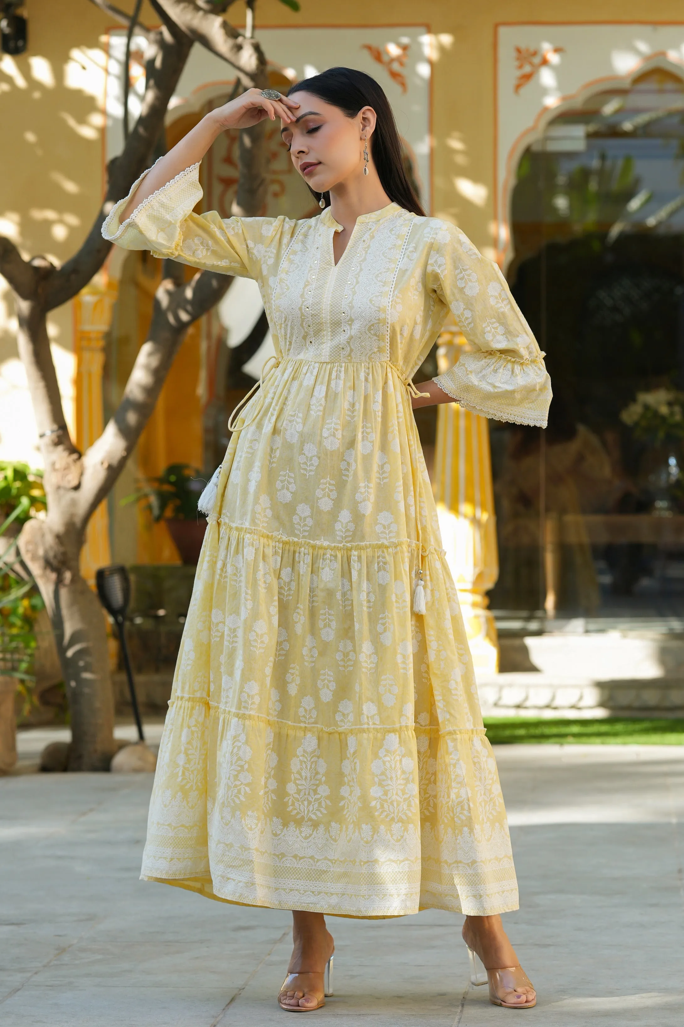 Jashvi Lemon Yellow Ethnic Motif Printed Pure Cotton Tiered Maxi Dress with Sequins work