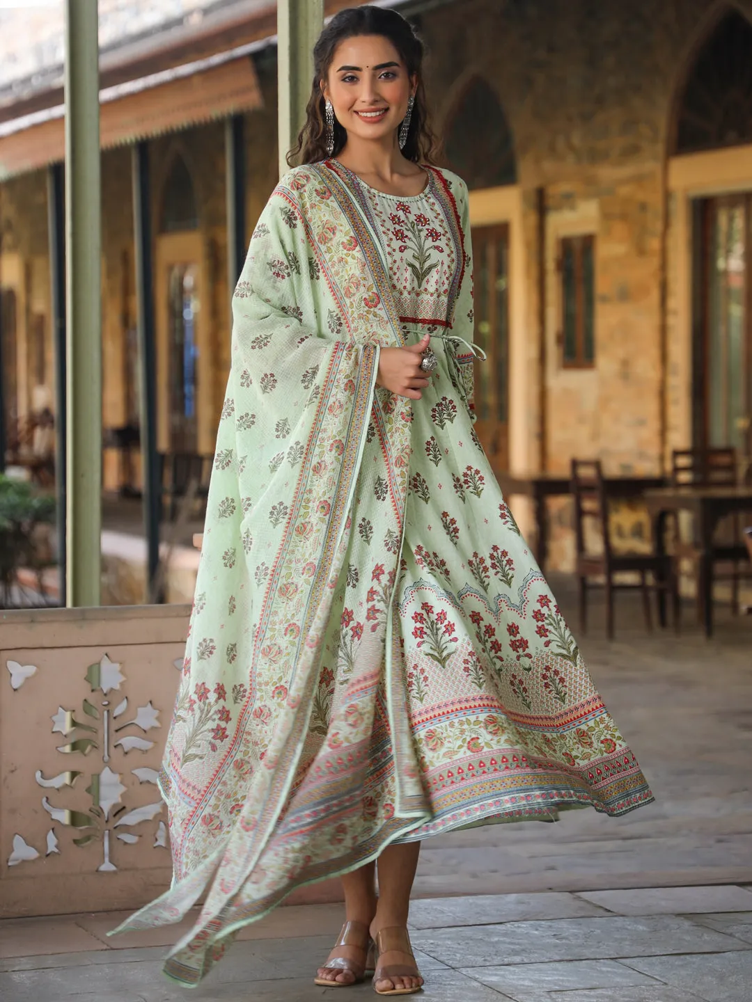 Jashvi Lime Green Ethnic Motif Printed Pure Cotton Anarkali Dress & Dupatta Set With Beads & Sequins