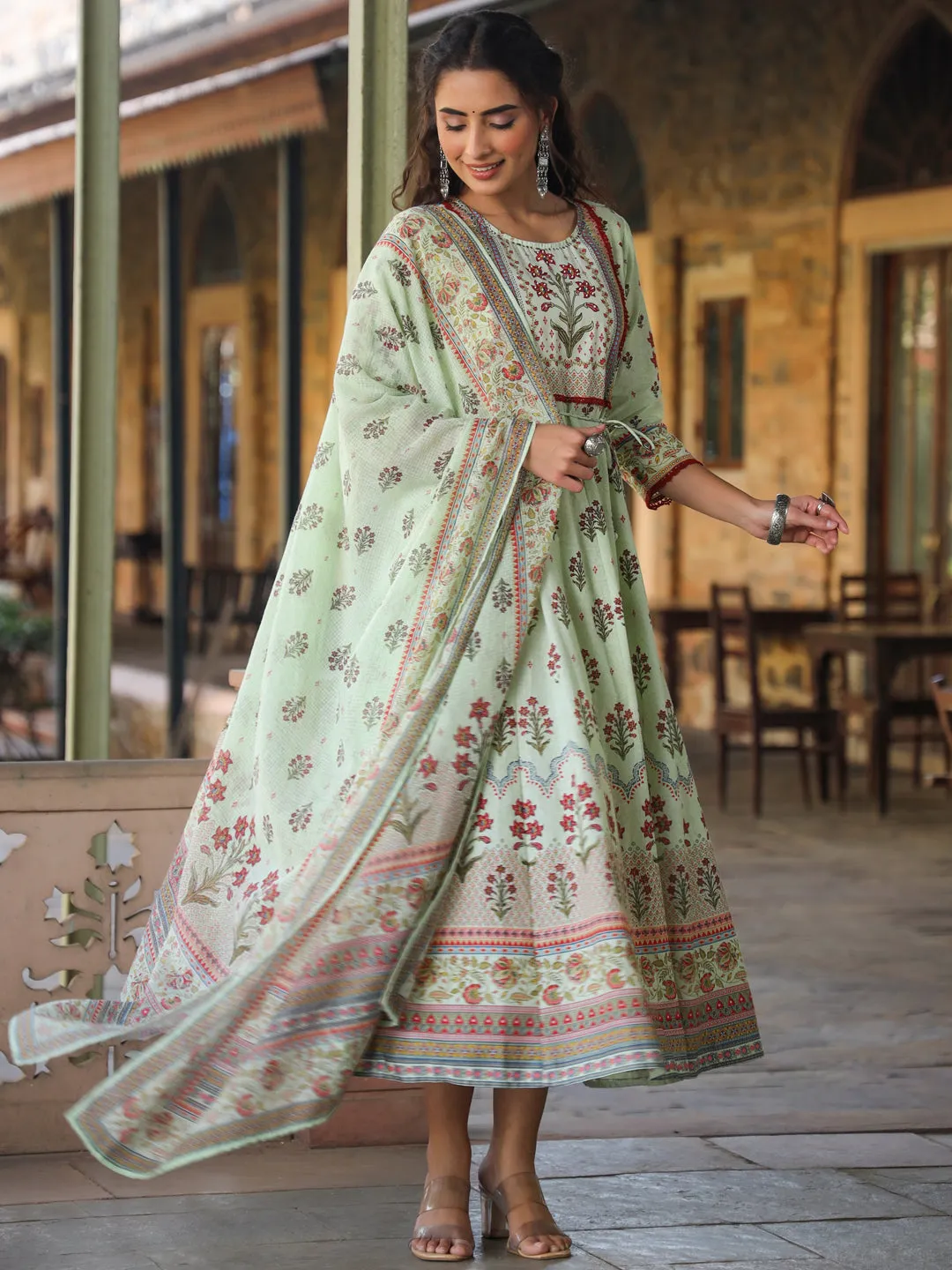 Jashvi Lime Green Ethnic Motif Printed Pure Cotton Anarkali Dress & Dupatta Set With Beads & Sequins