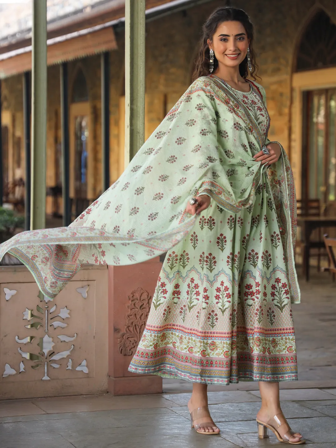 Jashvi Lime Green Ethnic Motif Printed Pure Cotton Anarkali Dress & Dupatta Set With Beads & Sequins