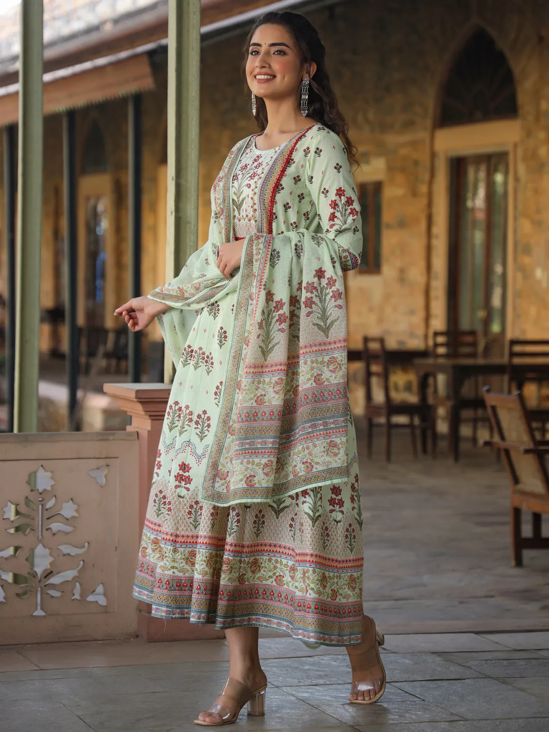 Jashvi Lime Green Ethnic Motif Printed Pure Cotton Anarkali Dress & Dupatta Set With Beads & Sequins