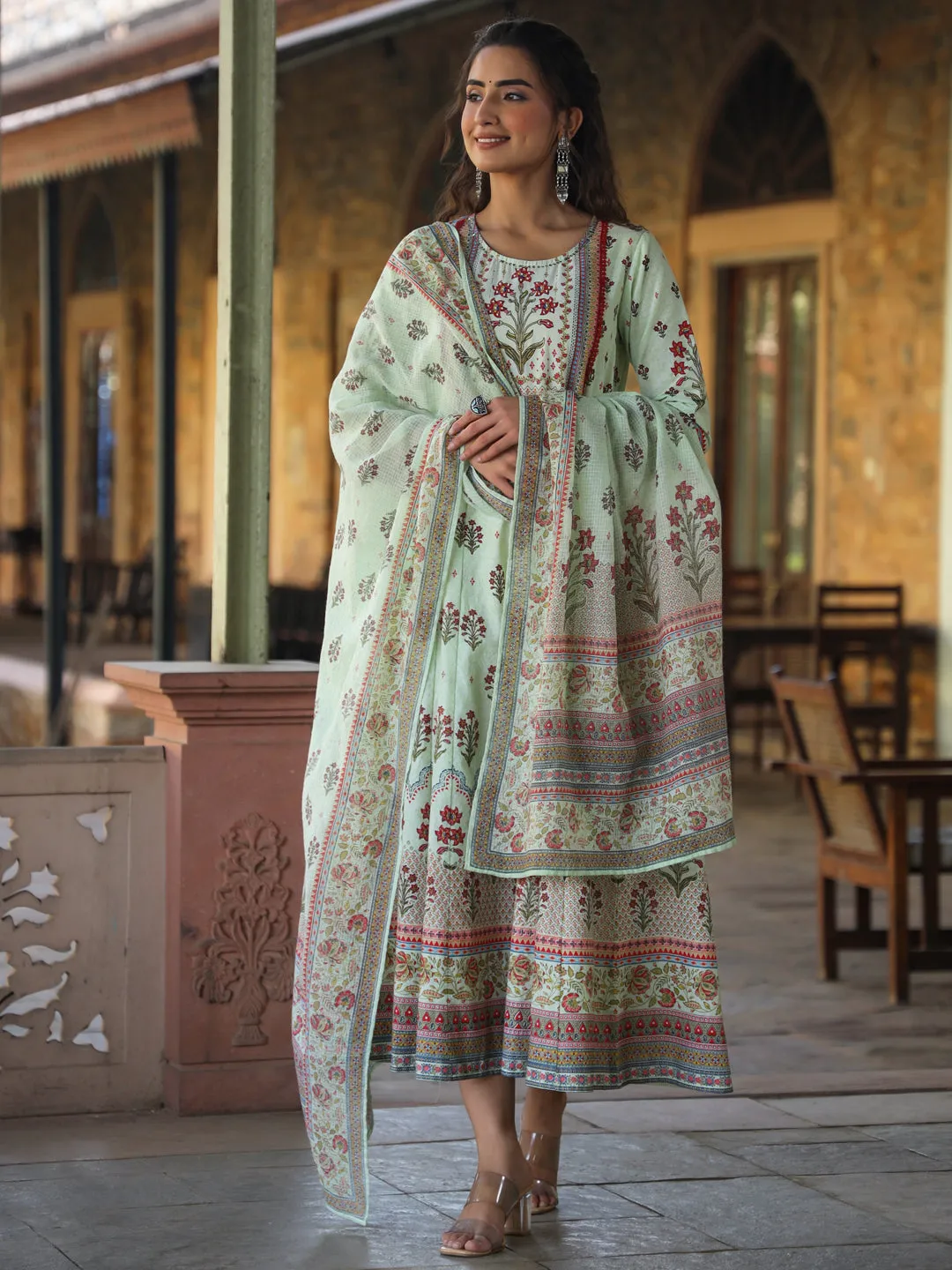 Jashvi Lime Green Ethnic Motif Printed Pure Cotton Anarkali Dress & Dupatta Set With Beads & Sequins