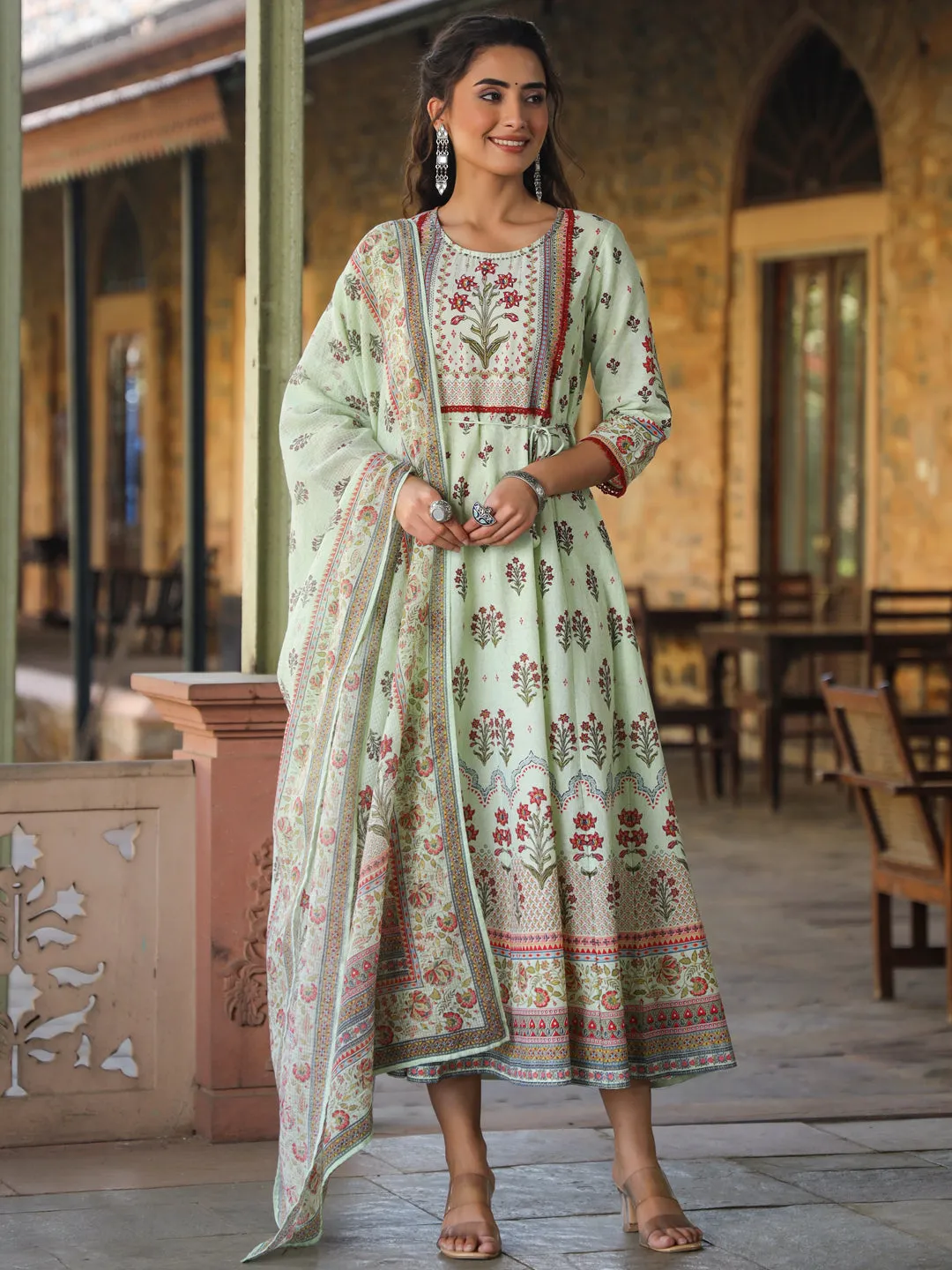 Jashvi Lime Green Ethnic Motif Printed Pure Cotton Anarkali Dress & Dupatta Set With Beads & Sequins