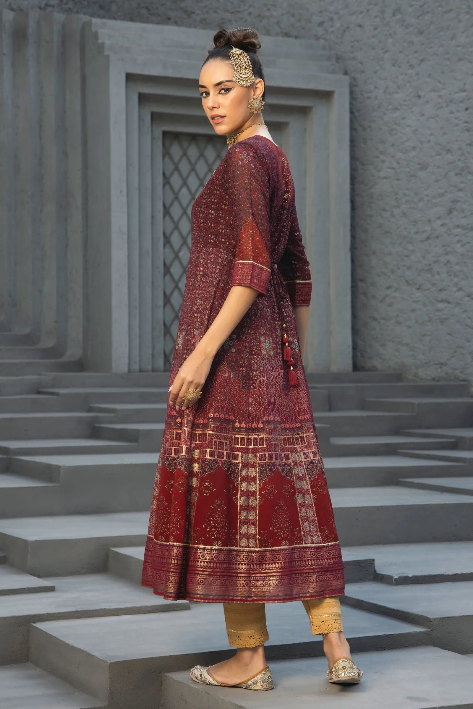 Jashvi  Maroon Ethnic Motif Printed Georgette Anarkali Dress.