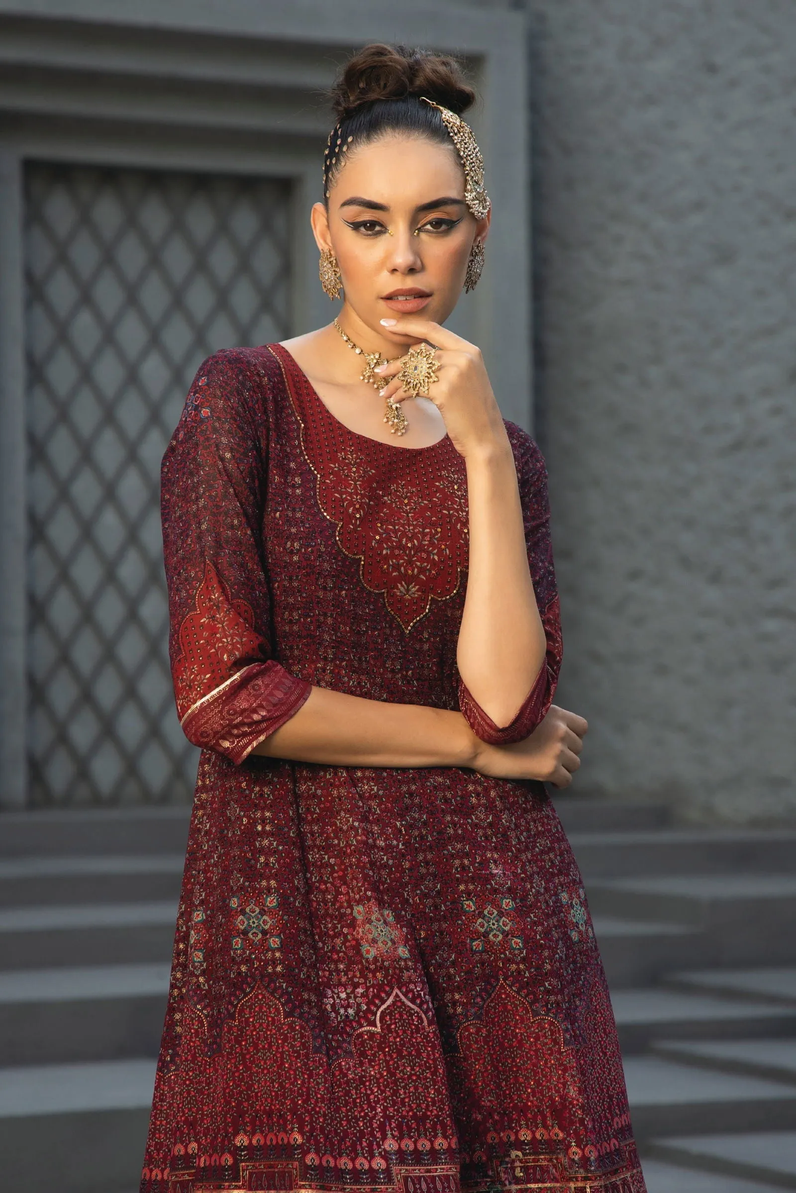 Jashvi  Maroon Ethnic Motif Printed Georgette Anarkali Dress.