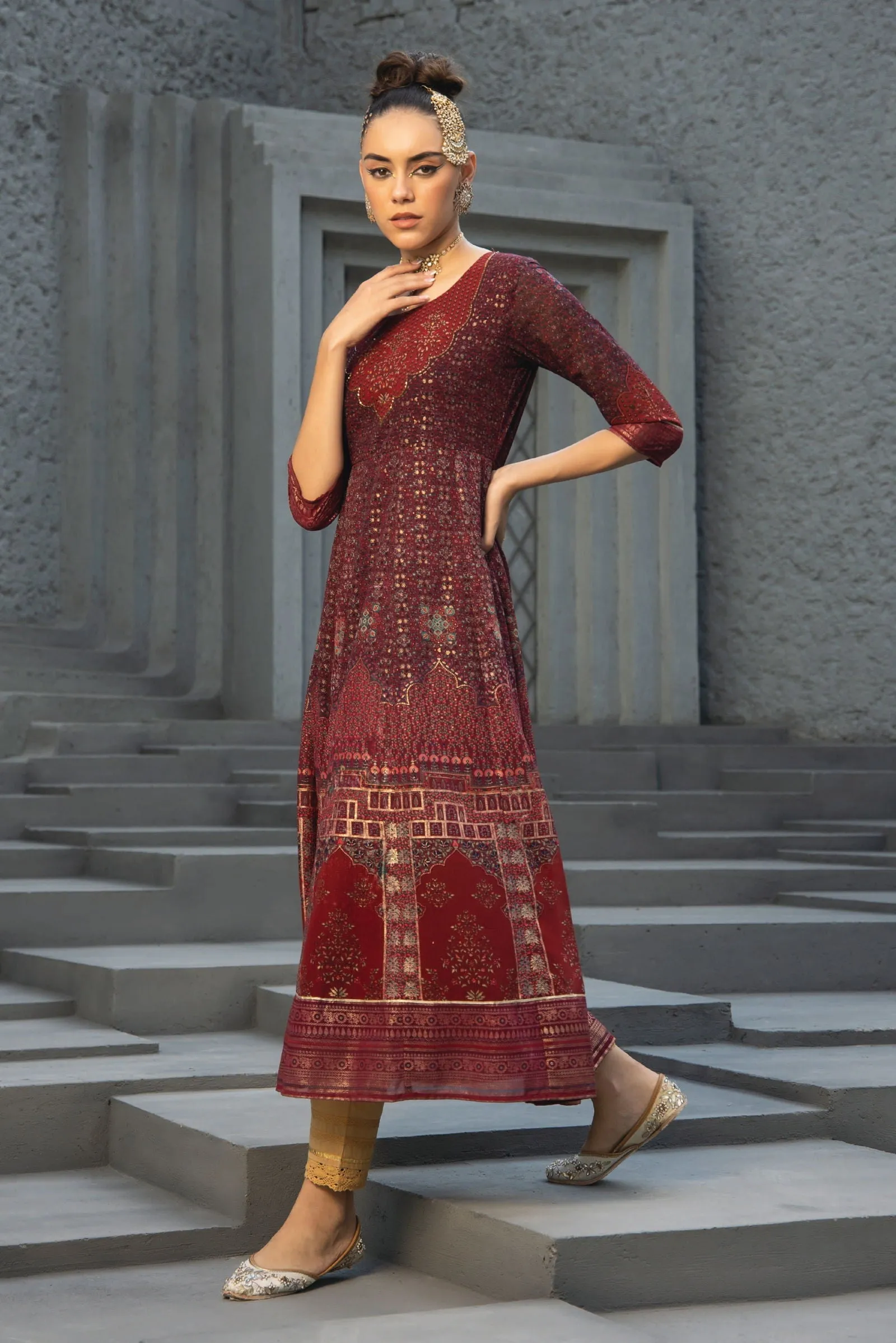 Jashvi  Maroon Ethnic Motif Printed Georgette Anarkali Dress.