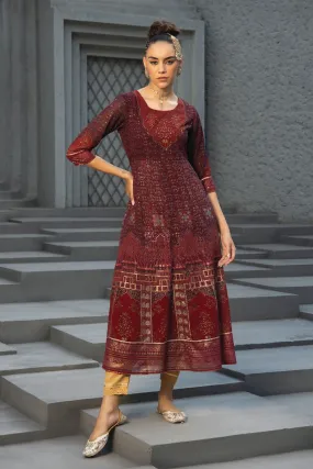 Jashvi  Maroon Ethnic Motif Printed Georgette Anarkali Dress.