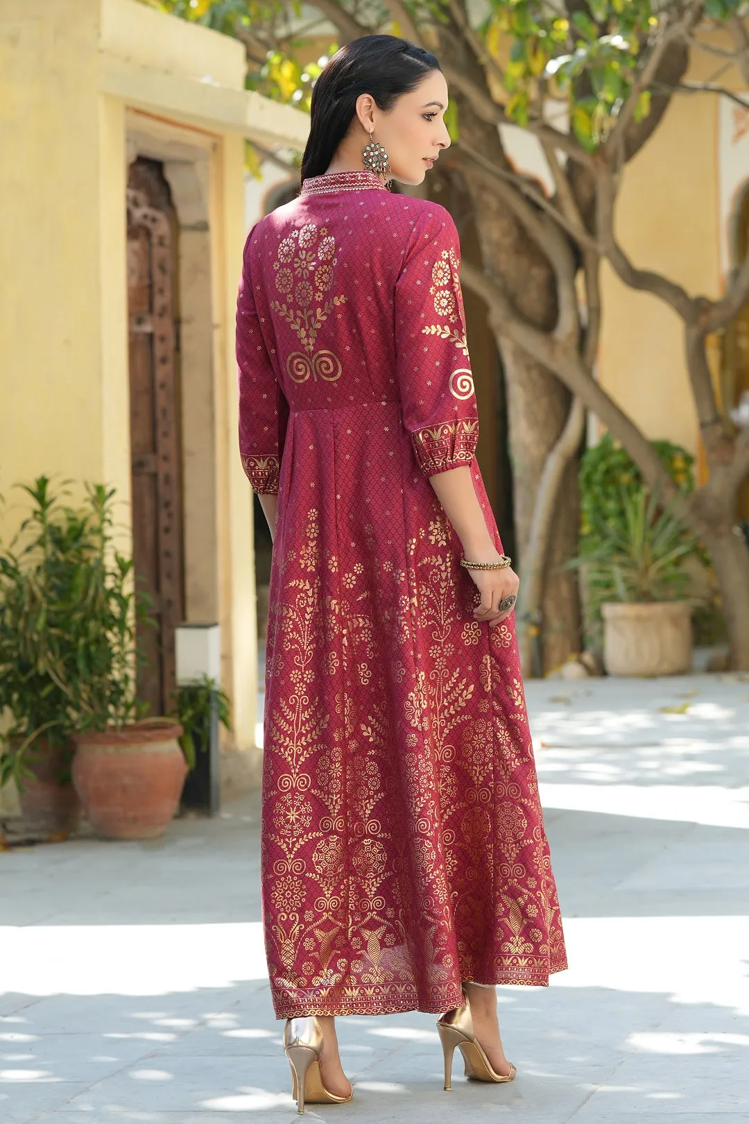 Jashvi Maroon Ethnic Motif Printed Rayon Anarkali Dress.