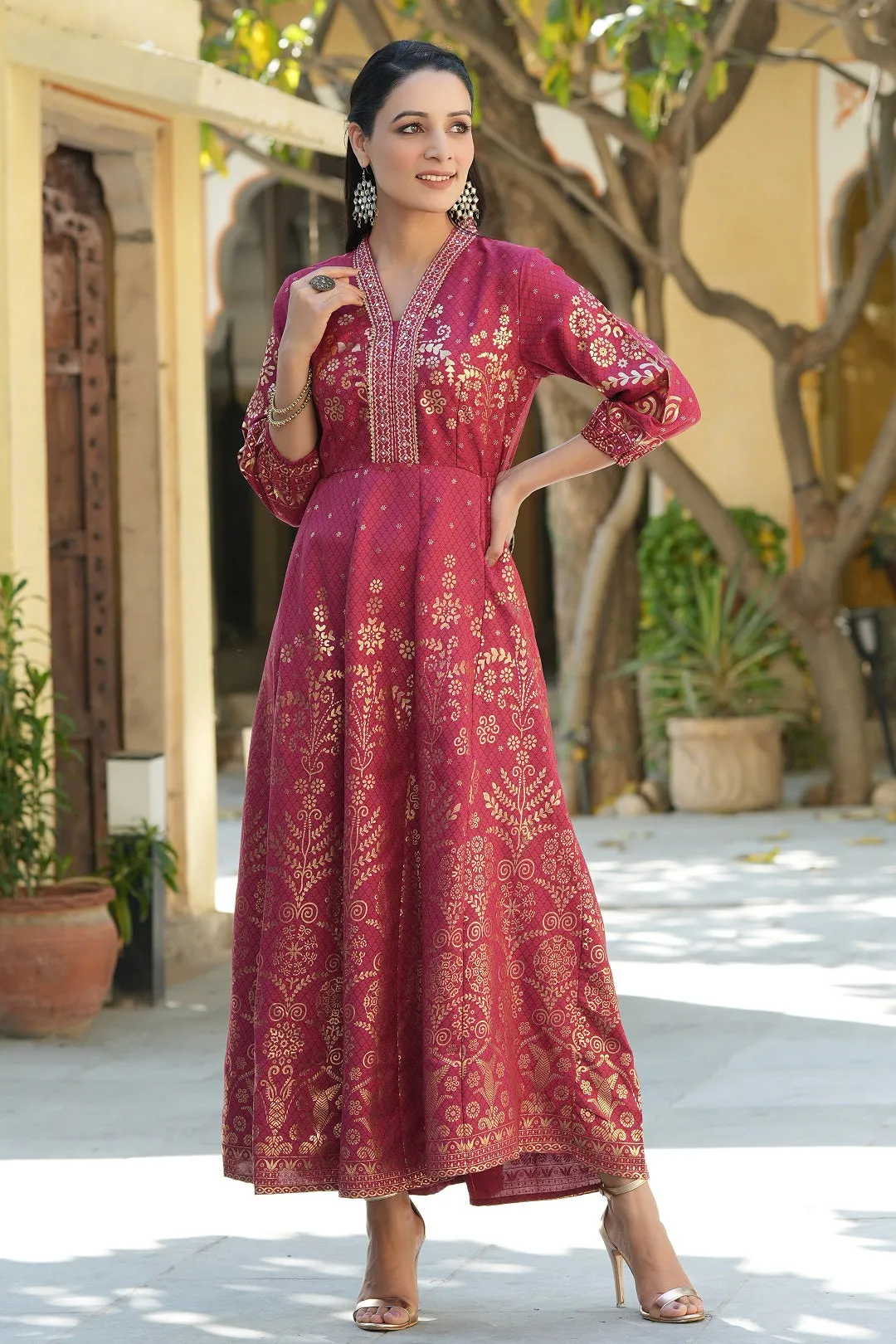 Jashvi Maroon Ethnic Motif Printed Rayon Anarkali Dress.