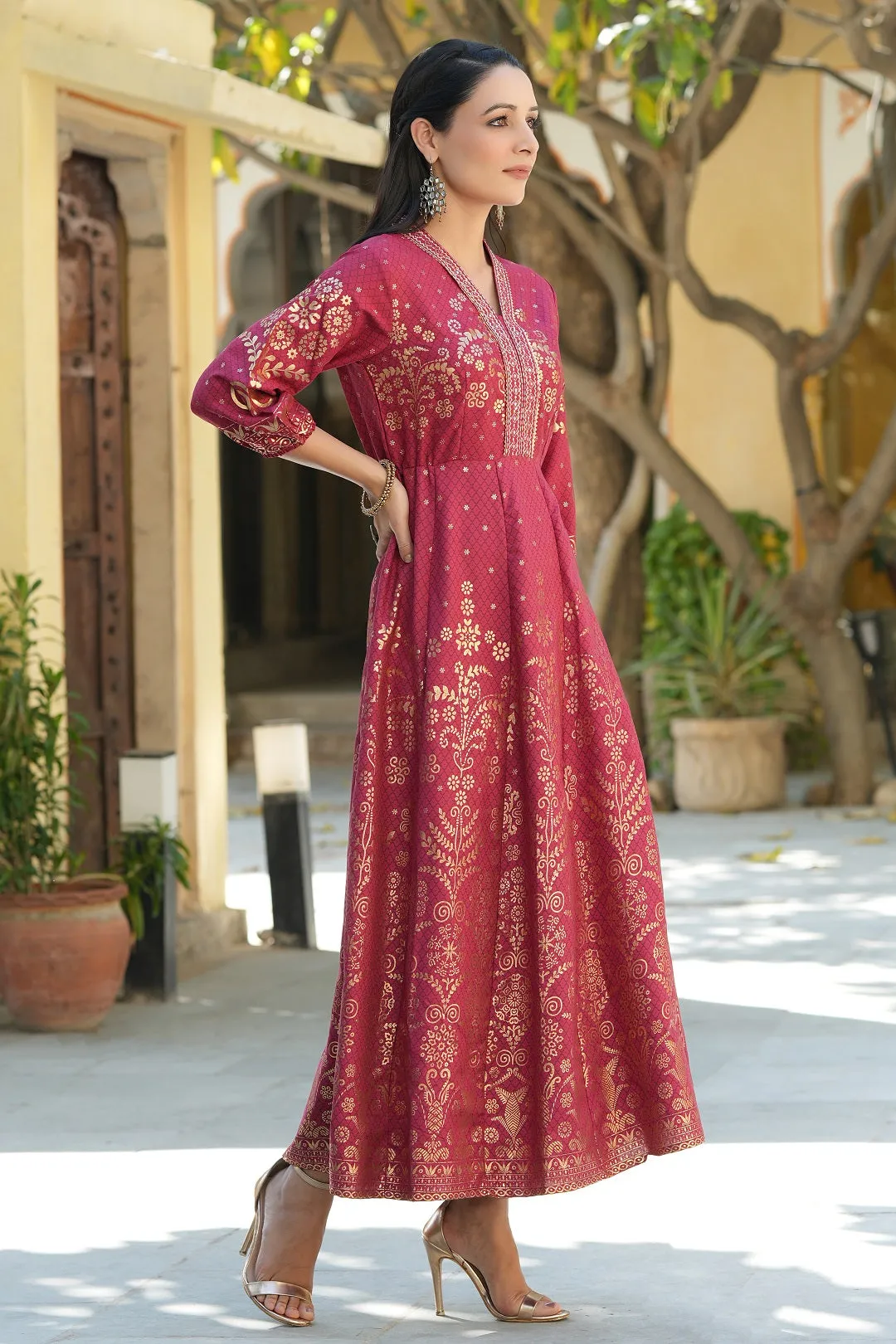 Jashvi Maroon Ethnic Motif Printed Rayon Anarkali Dress.