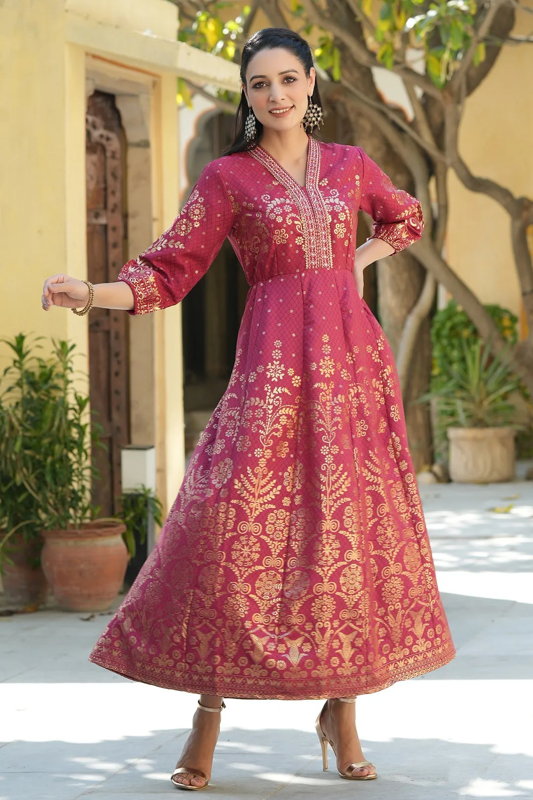 Jashvi Maroon Ethnic Motif Printed Rayon Anarkali Dress.