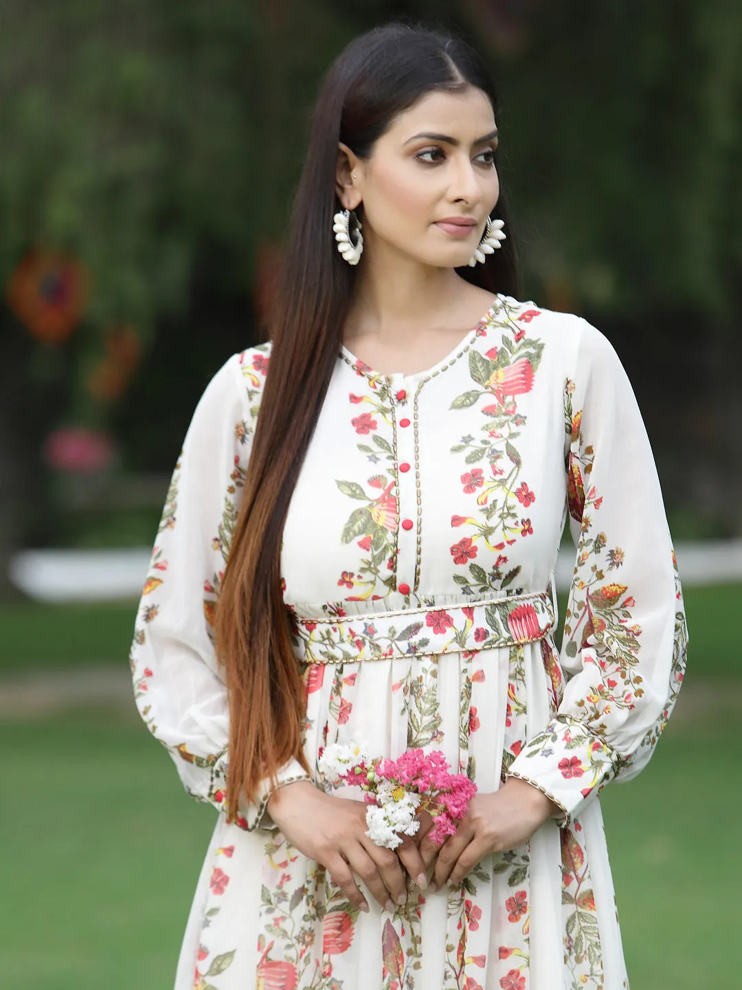 Jashvi Off-White Floral Printed Chiffon Flared Maxi Dress.