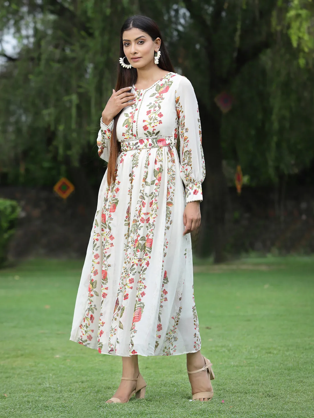 Jashvi Off-White Floral Printed Chiffon Flared Maxi Dress.