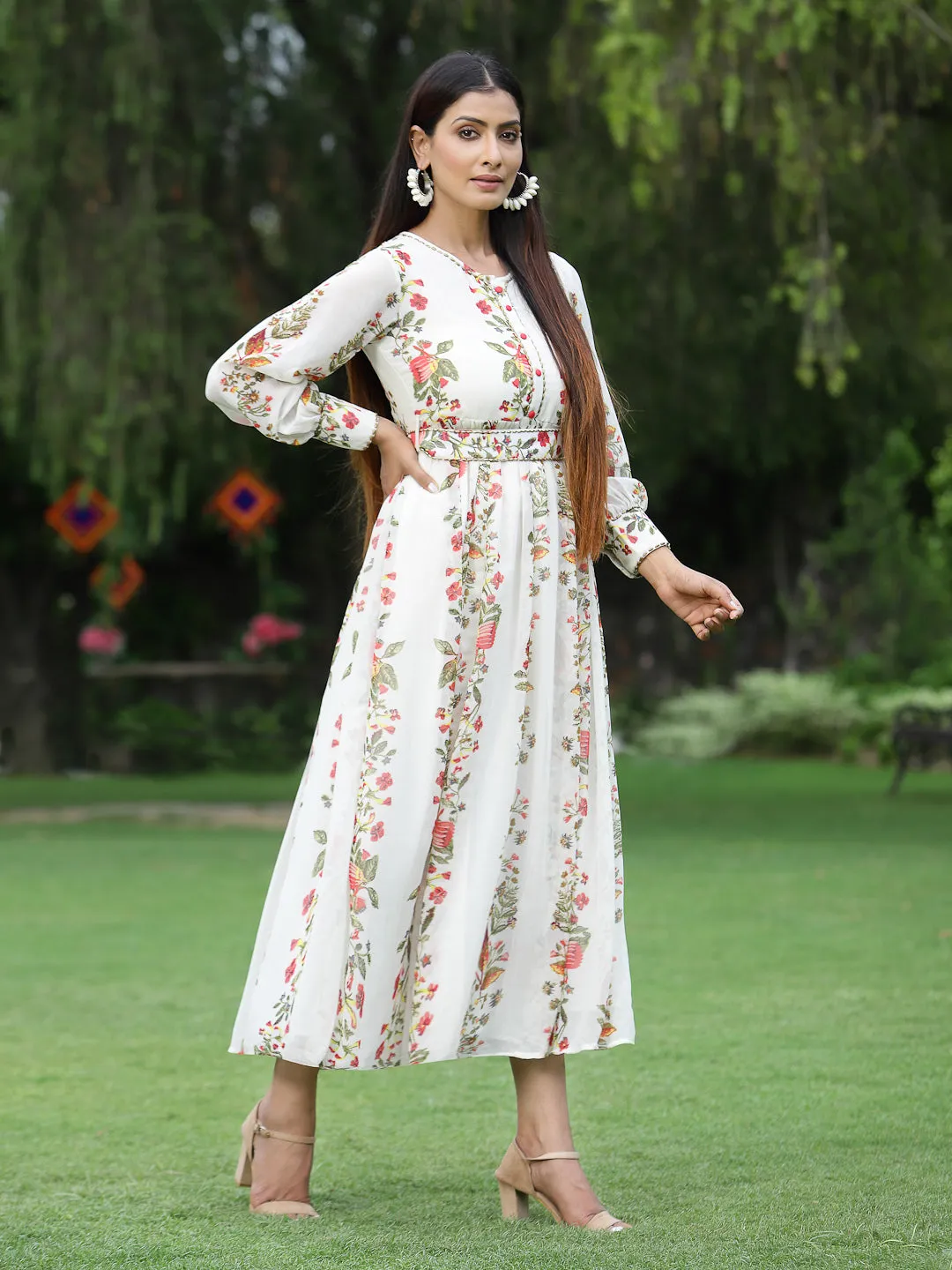 Jashvi Off-White Floral Printed Chiffon Flared Maxi Dress.