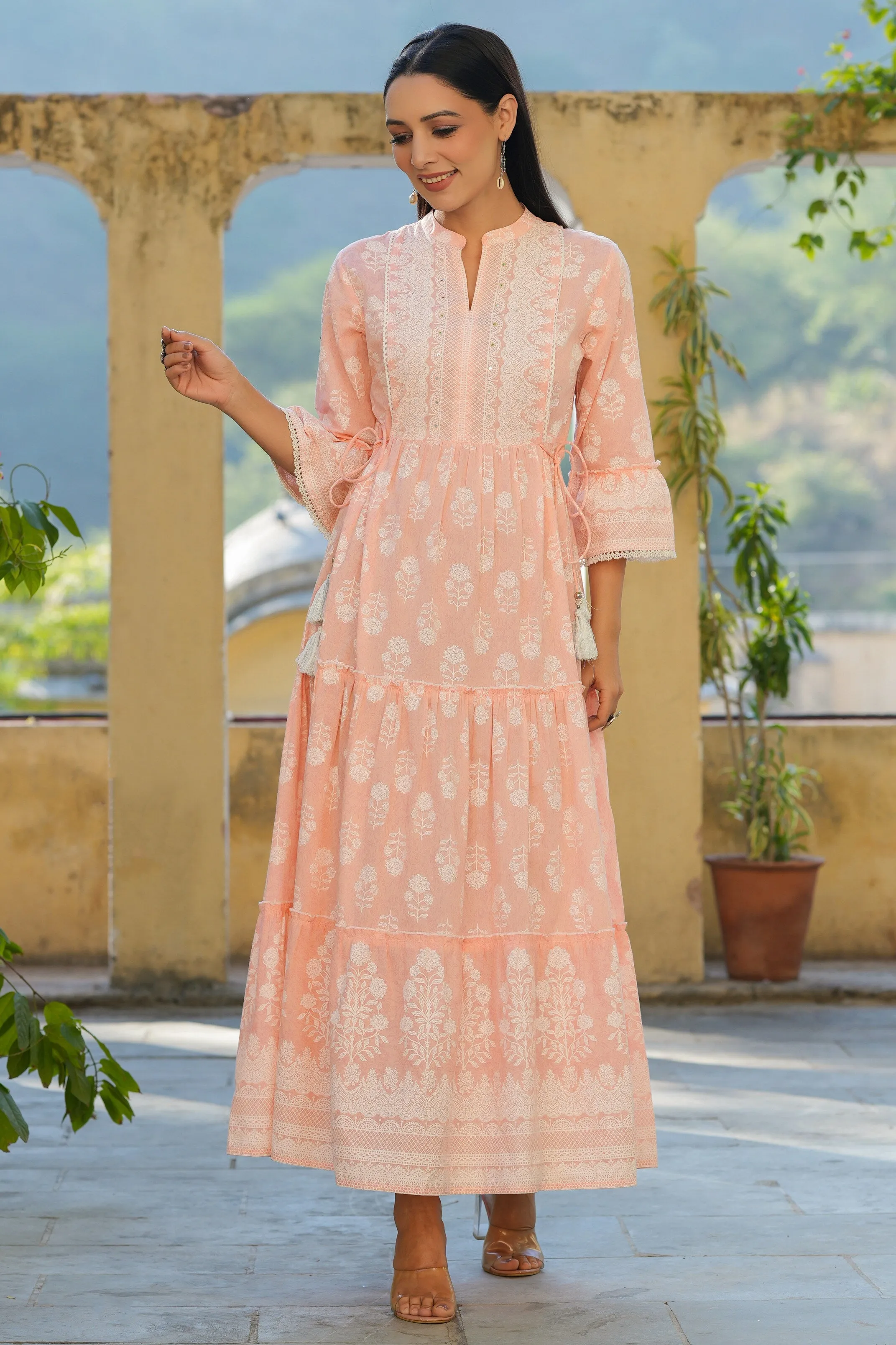 Jashvi Peach Ethnic Motif Printed Pure Cotton Tiered Maxi Dress With Sequins Work